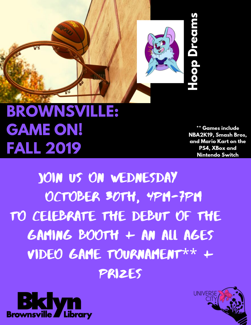 Purple and black flier with text indicating the date time and subject of the event. Includes cute bat mascot holding a video controller and image of a rimless basketball backboard.