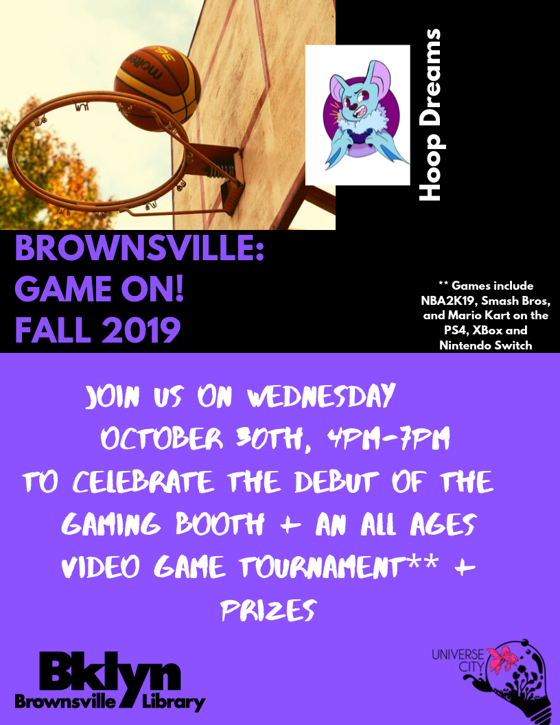 Purple and black flier with text indicating the date time and subject of the event. Includes cute bat mascot holding a video controller and image of a rimless basketball backboard.