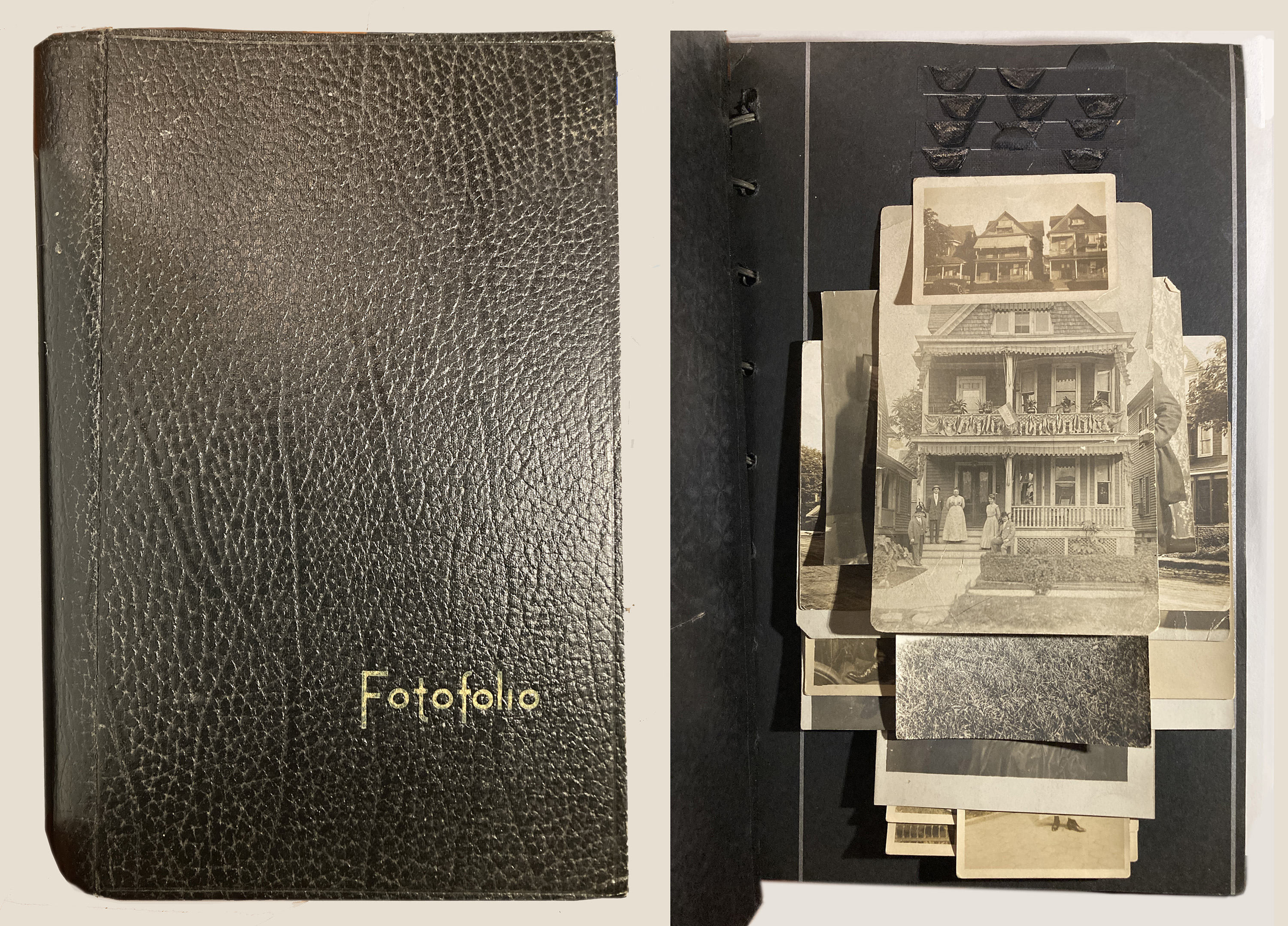 cover and page of 19th c. photo album with houses