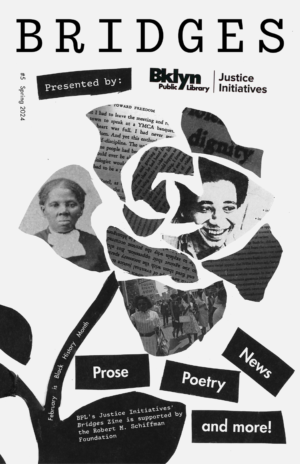 A zine cover for Bridges issue number 5. A collage using cutout pages from a book and photographs of black historical figures form the shape of a rose. 