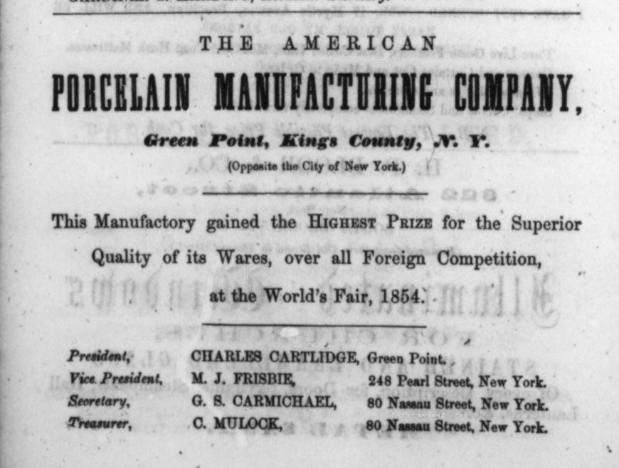 Ad for American Porcelain Manufacturing, Greenpoint