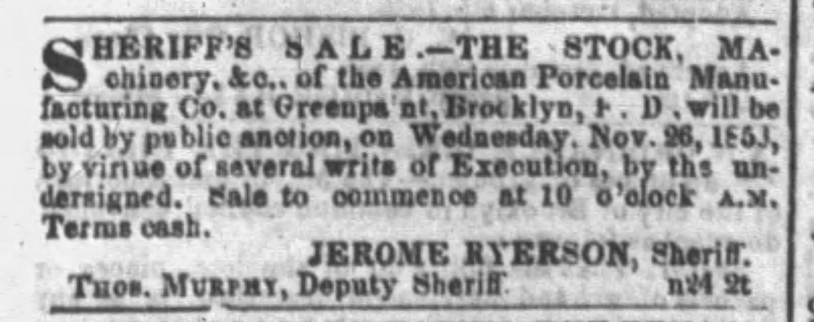 Sheriff's sale of American Porcelain Manufacturing