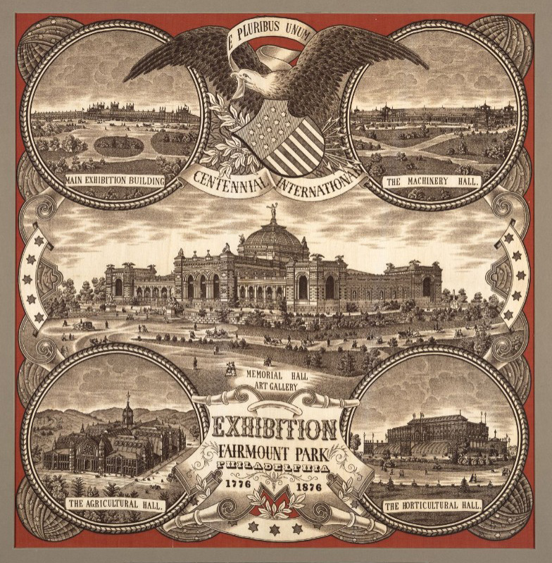 poster - Eagle with different views of the buildings at 1876 centennial exhibition in Philadelphia.