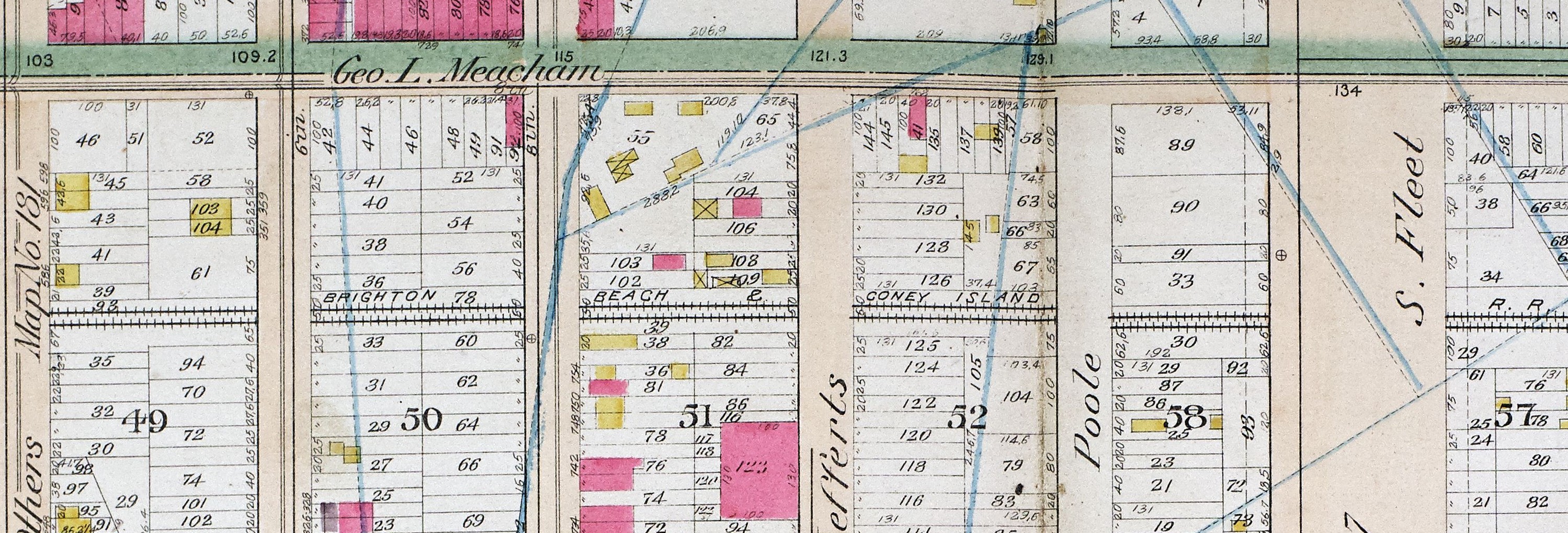 close-up of map with streets and train tracks labeled "Brighton Beach and Coney Island RR" 