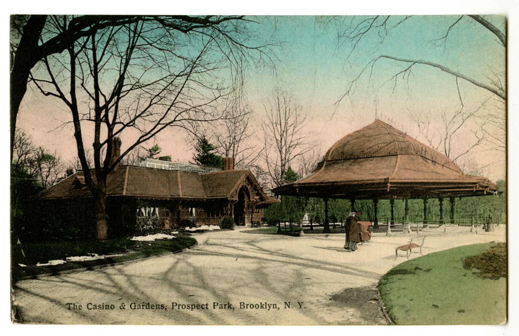 Colorized photographic postcard of Concert Grove House and the Concert Grove Pavilion in winter.