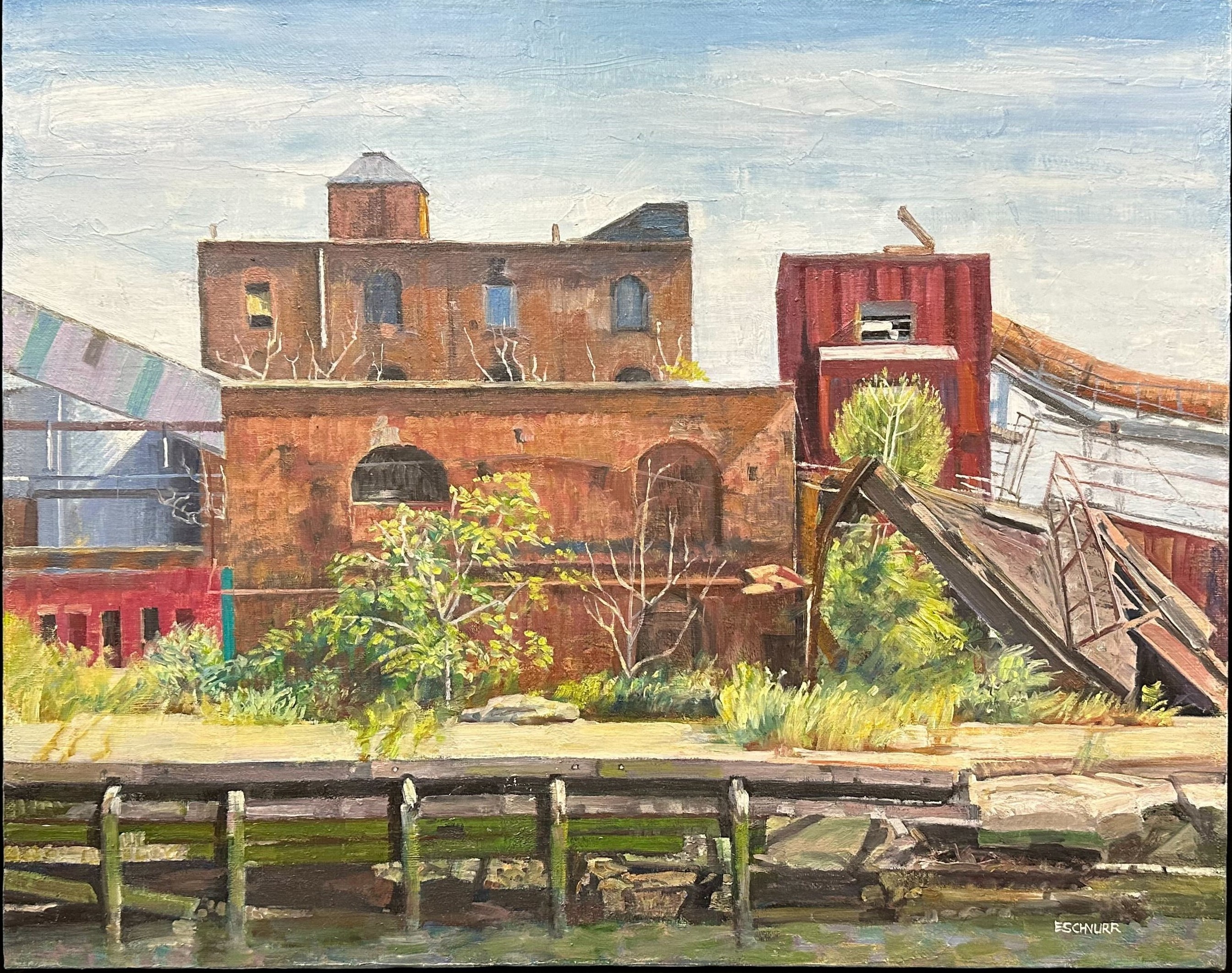 Oil painting of an abandoned brick warehouse building on the waterfront with a collapsing pier in the foreground on a sunny day.