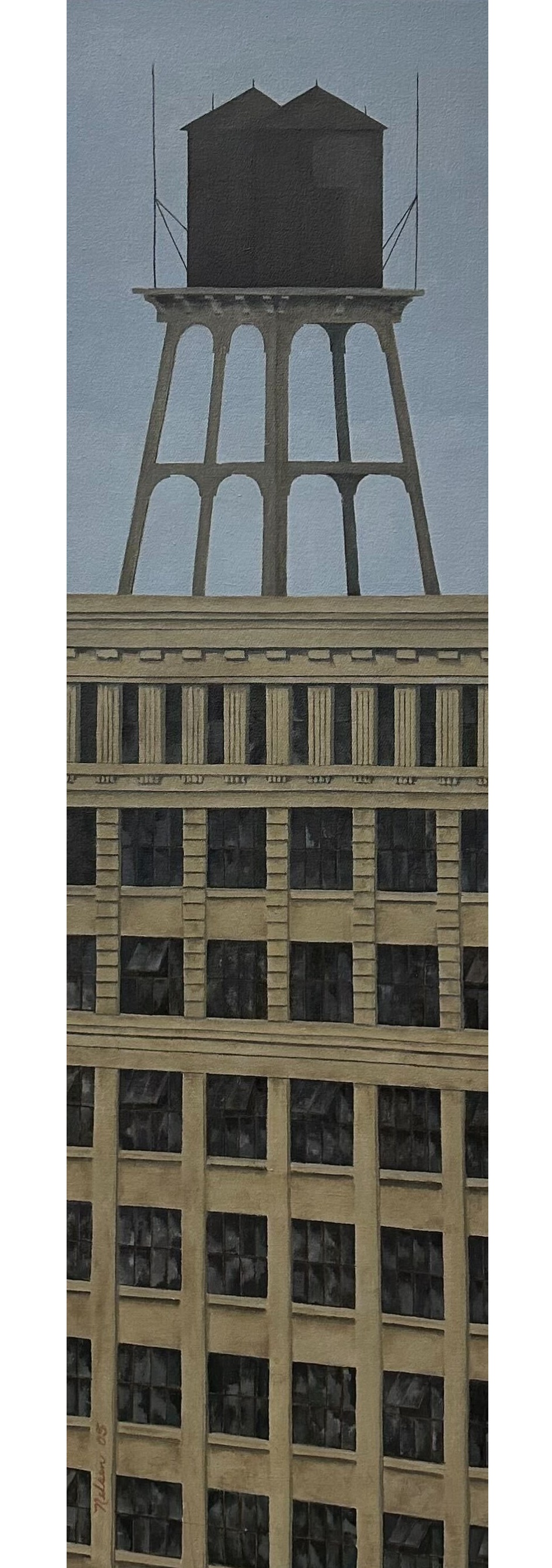 Oil painting with extreme vertical orientation of an early 20th century factory building with water tanks on the roof.