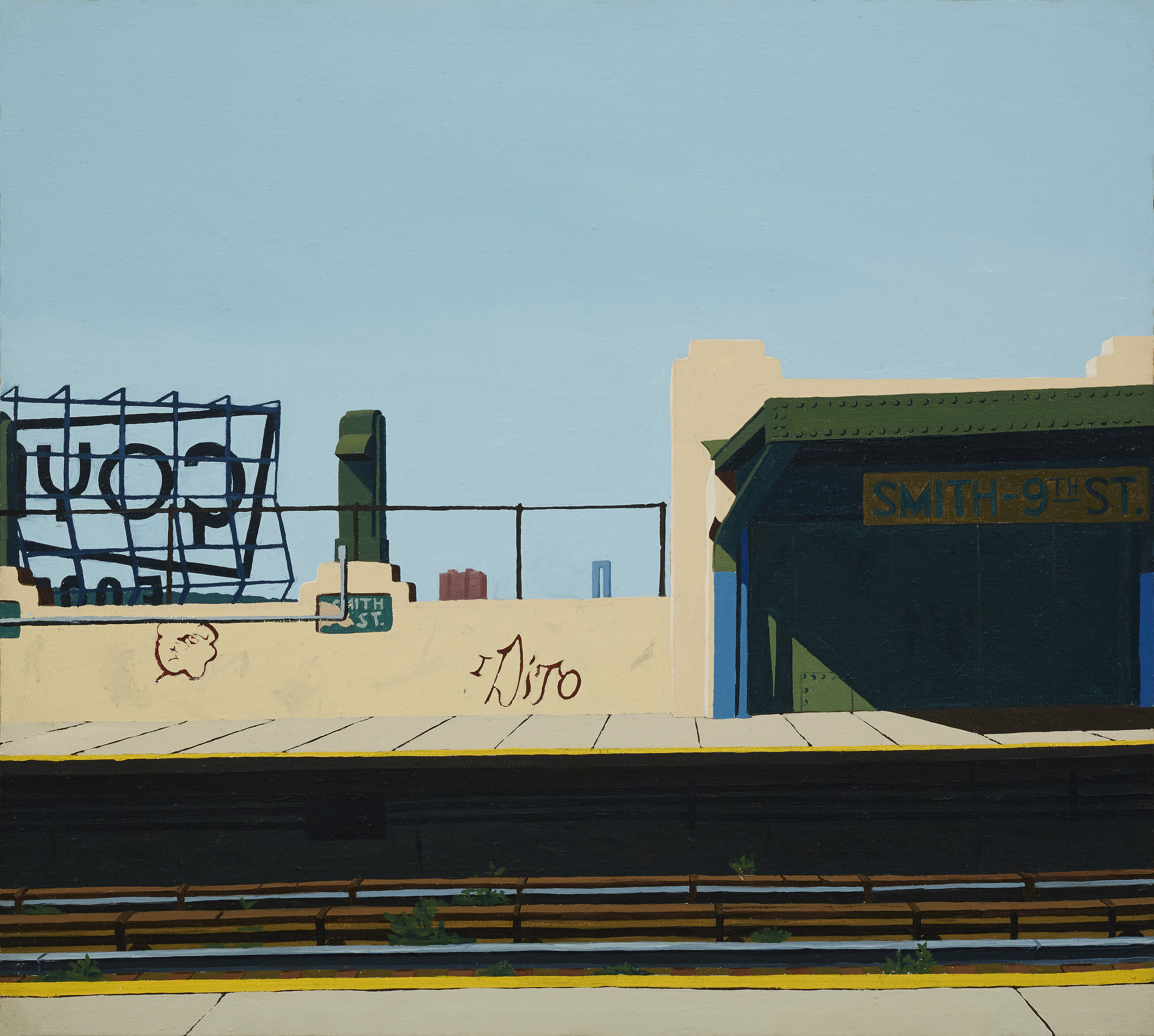 Oil painting of an elevated subway platform in bright daylight under a clear blue sky