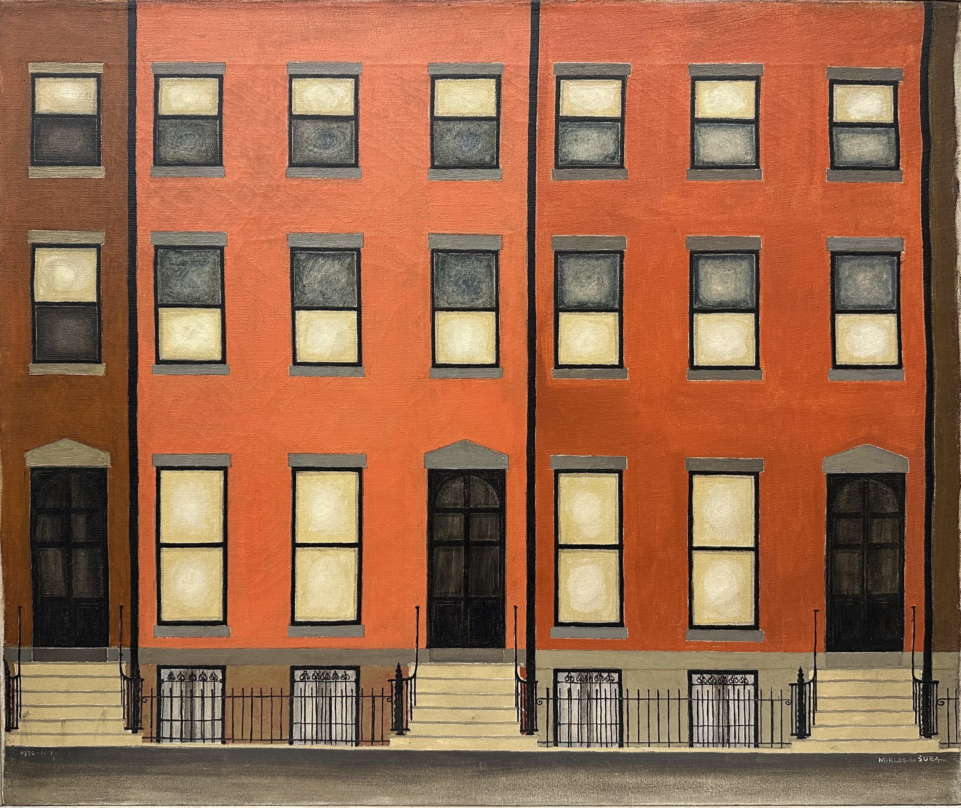 Oil painting of a row of brick townhouses with emphasis on flat color and geometry of the architecuture.