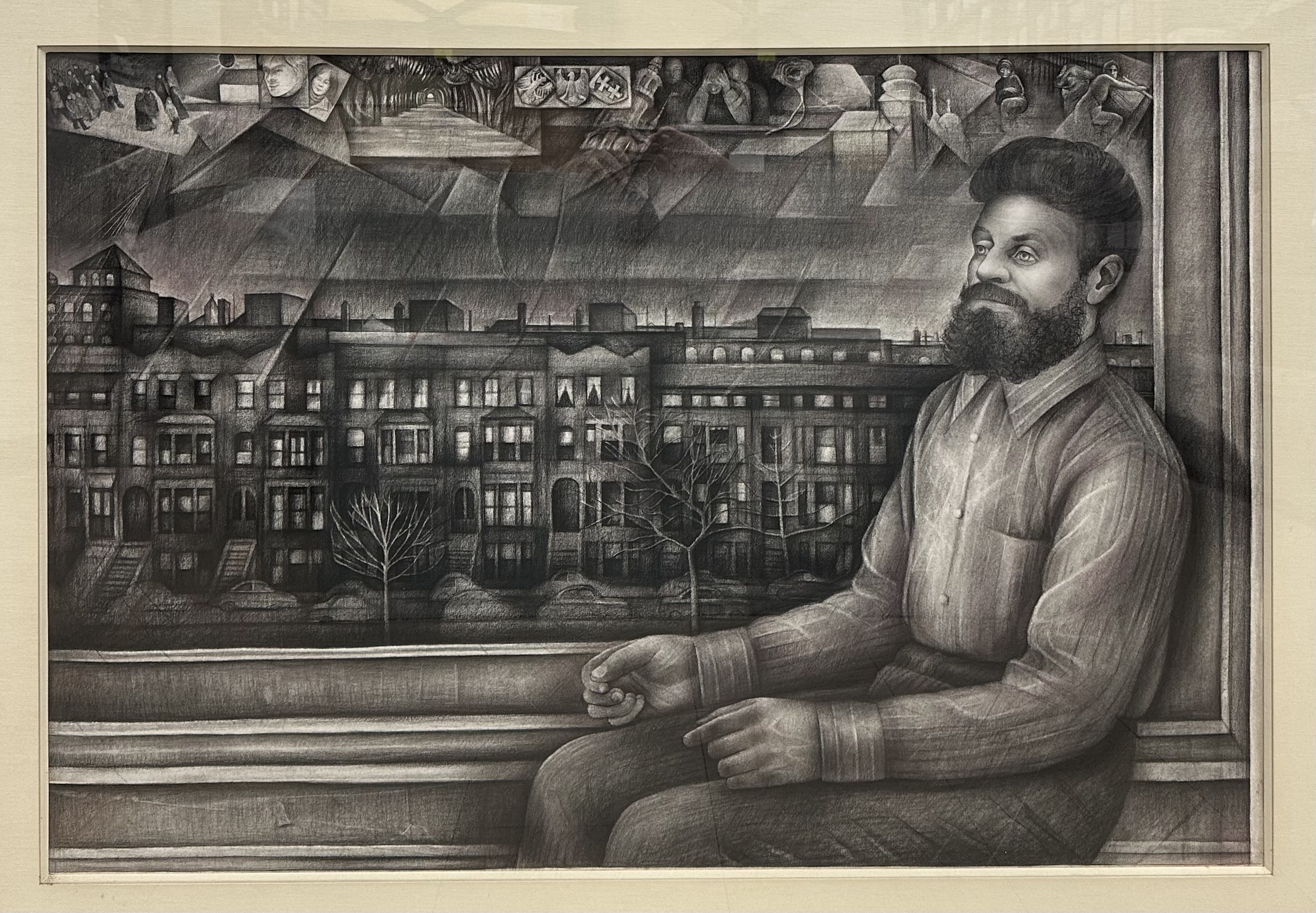Conte crayon drawing of a man sitting by a window through which is a row of Brooklyn brownstones at dusk fading into a band of small scenes along the top of the composition