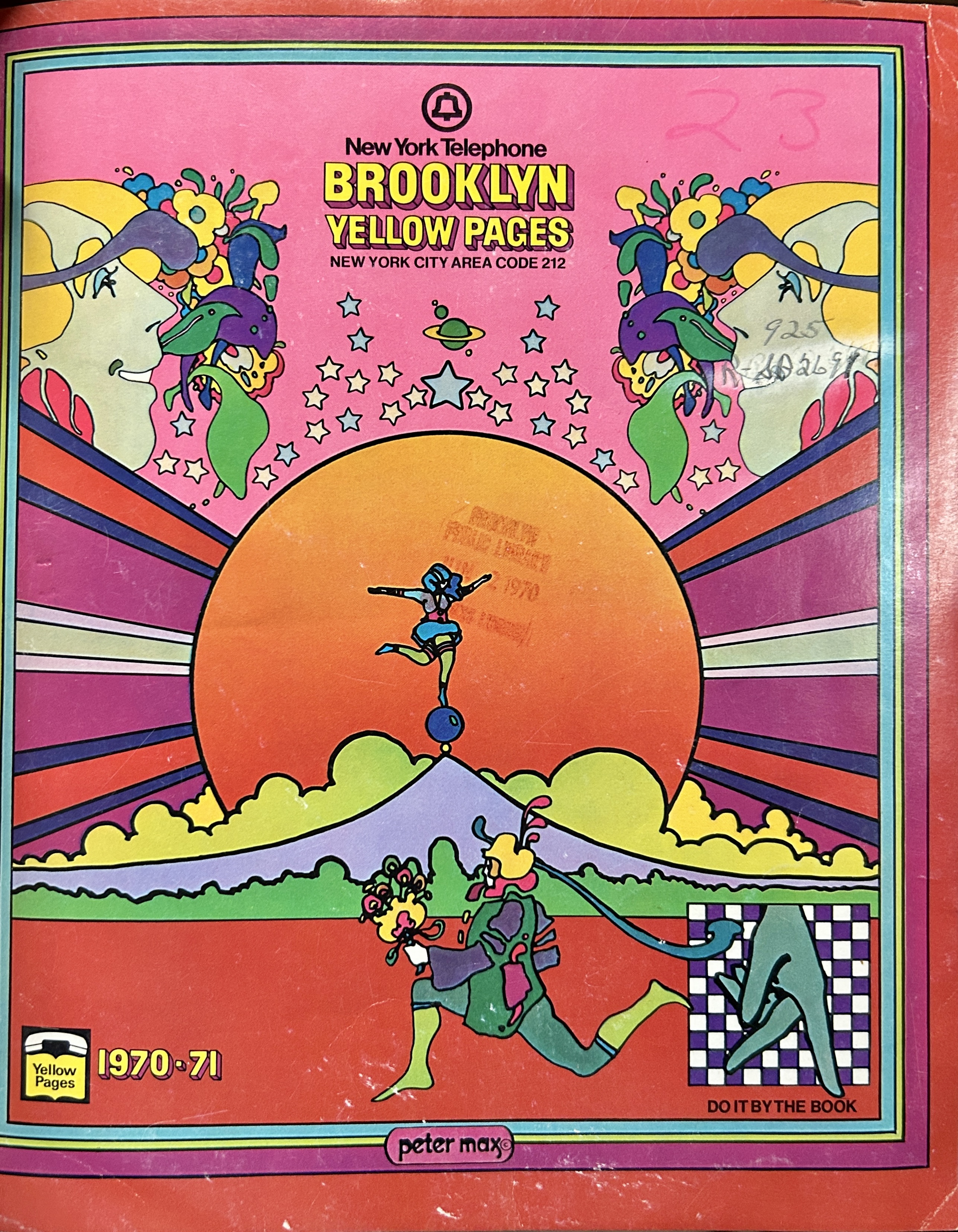 Brightly colored and funky psychedelic illustration of a sunrise with several human figures, stars, planets, and floral motifs