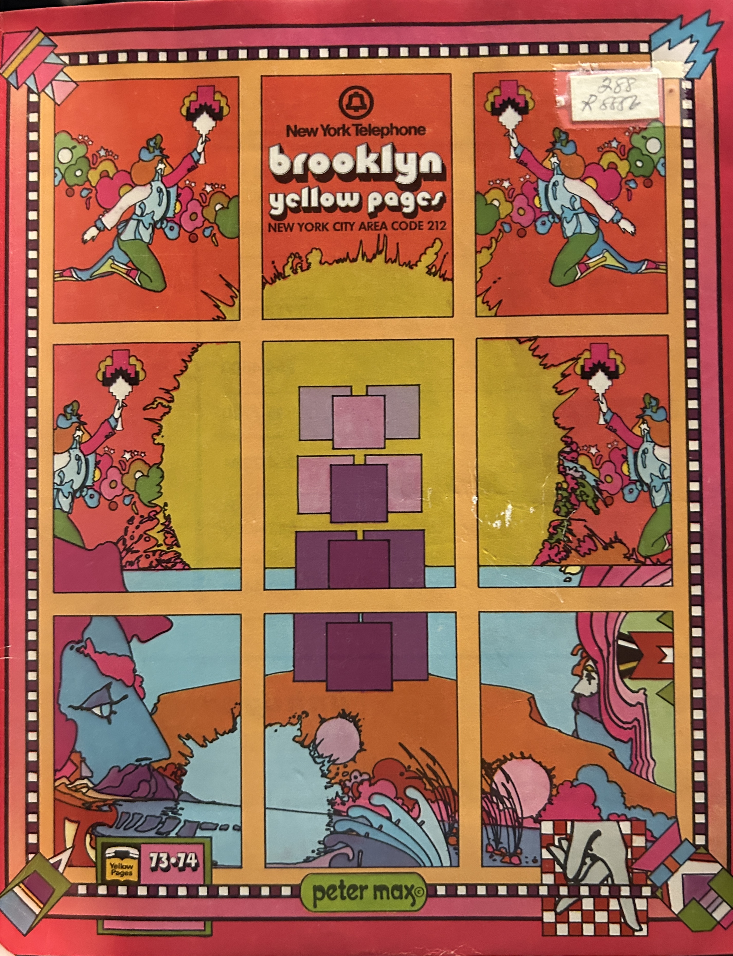 Brightly colored and funky psychedelic illustration of a sunrise seen through a gridded window pane with several human figures and floral designs around the edges