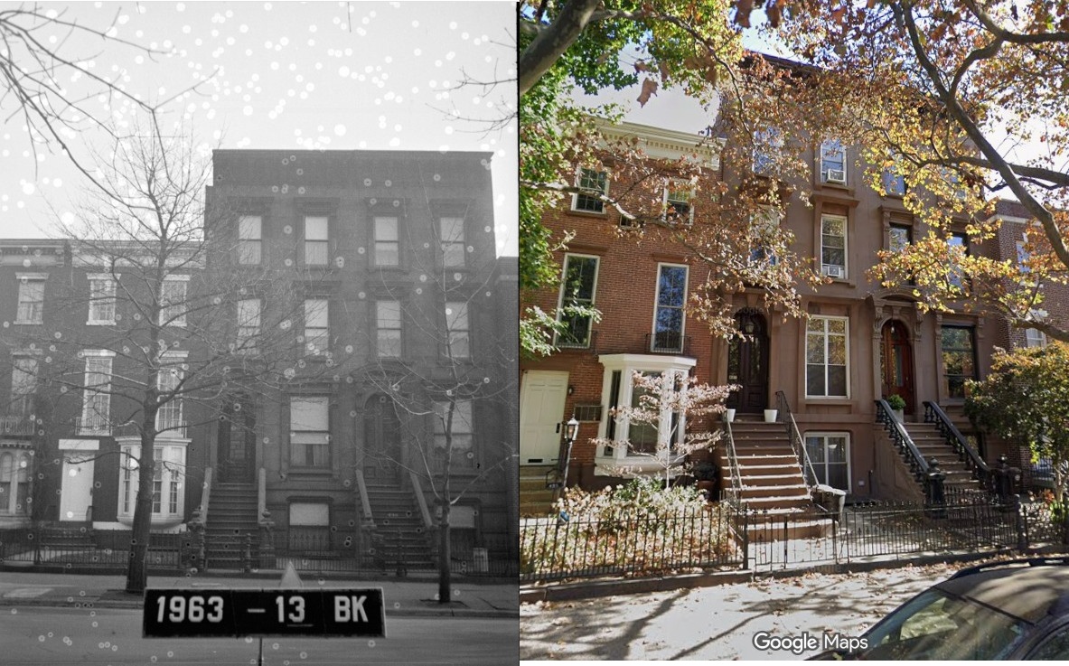Side-by-side photographs of 441 Washington Avenue: black and white 1940s tax photo on left, color Google streetview photo on right