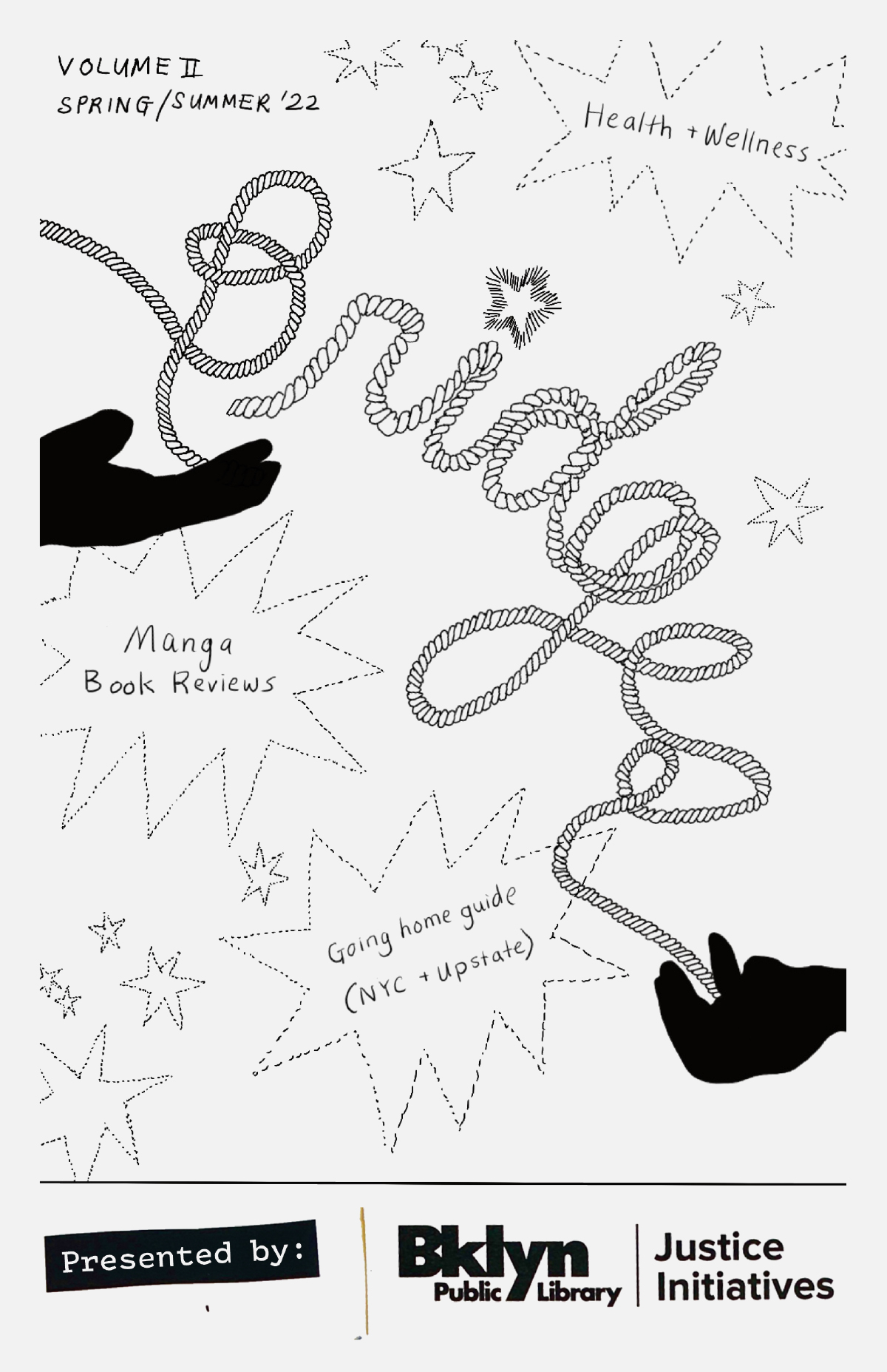 A black and white zine cover with the word "Bridges" spelled out like rope across the cover. 