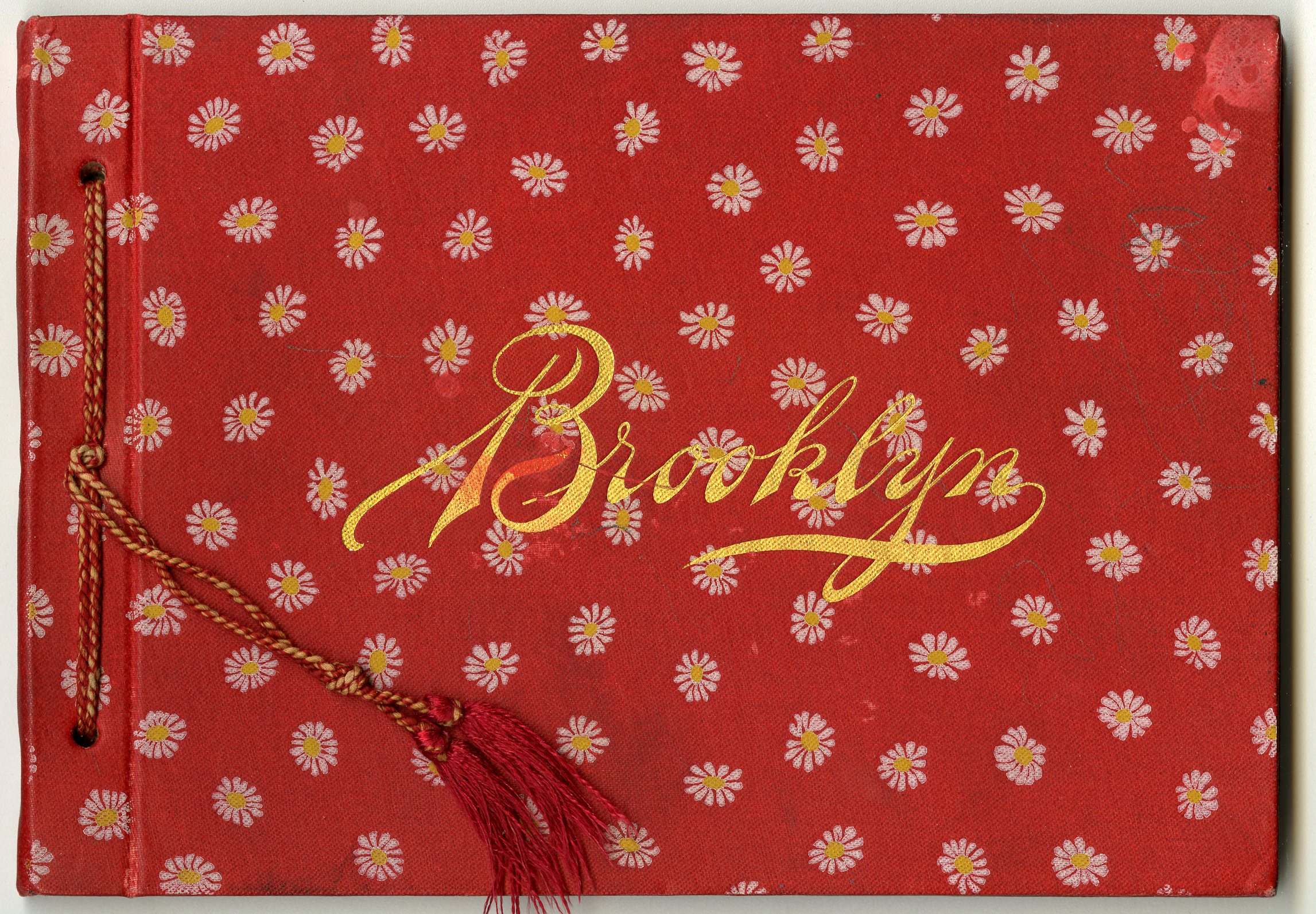 Cover of photo book, white daisies on red background with gilded title "Brooklyn"