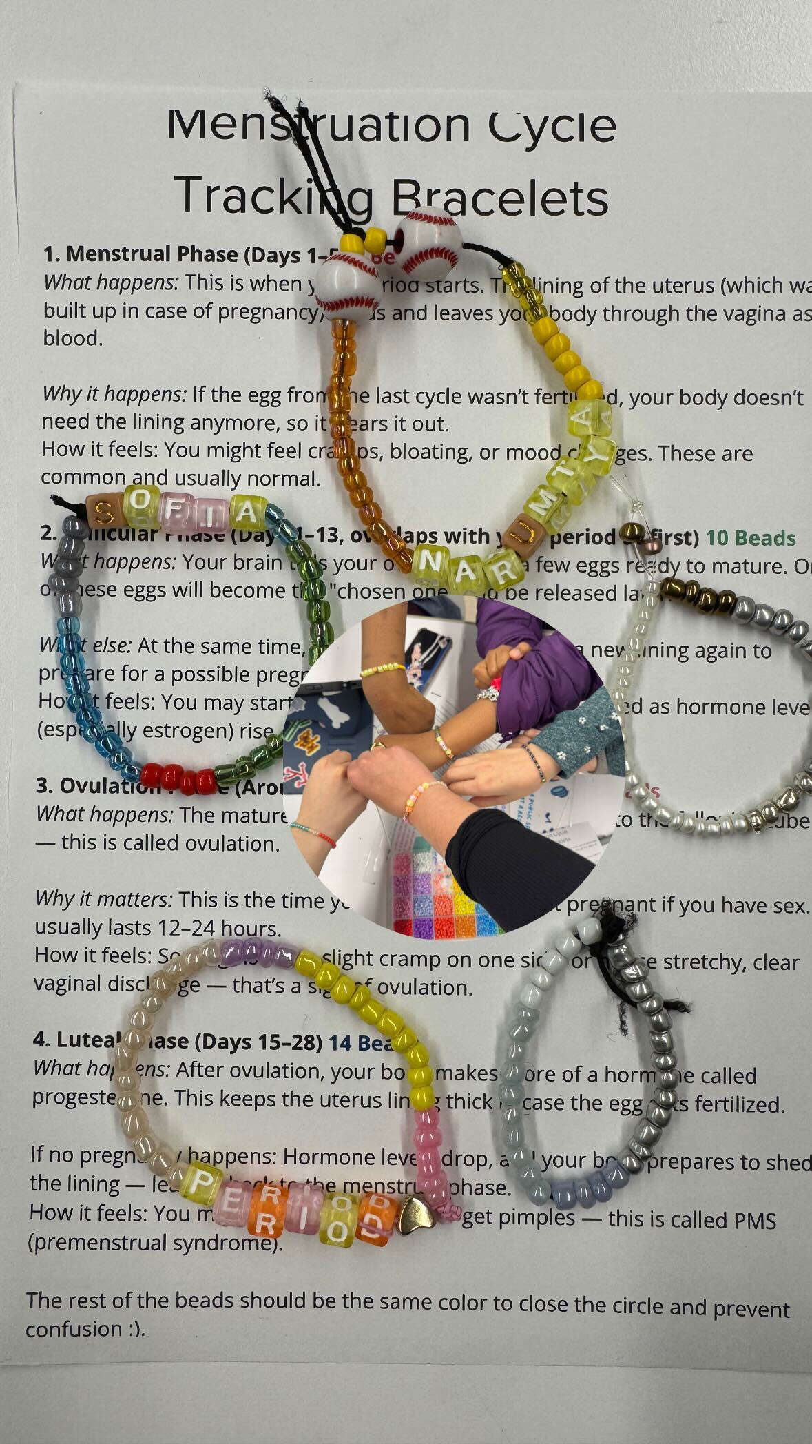 Period or Menstrual Cycle Tracking Bracelets overlaid on instructions of how to make them.