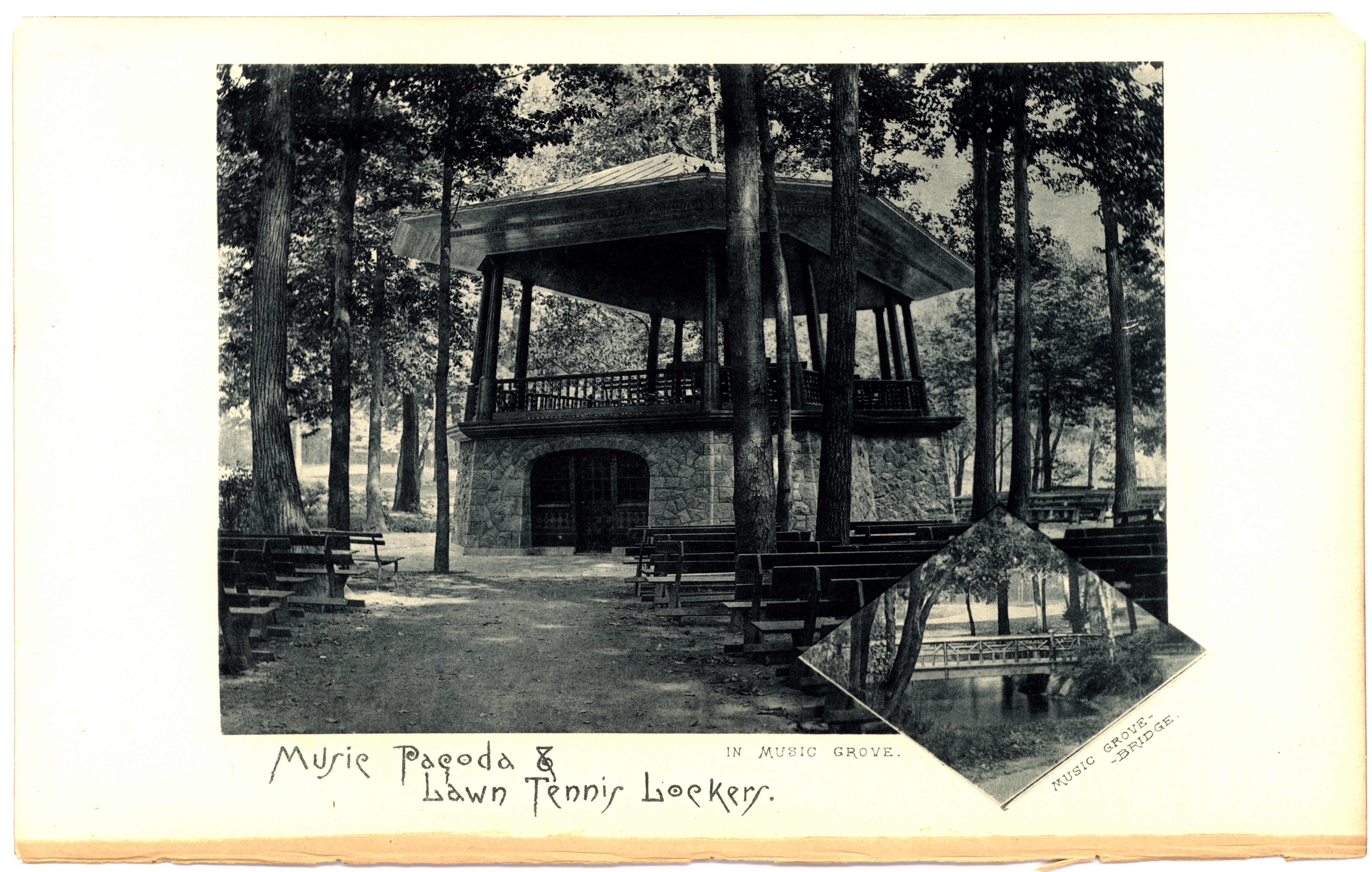Black and white print of the Music Pagoda, surrounded by trees and long benches, in the summer. A small inset of Music Grove Bridge is included at the bottom right.
