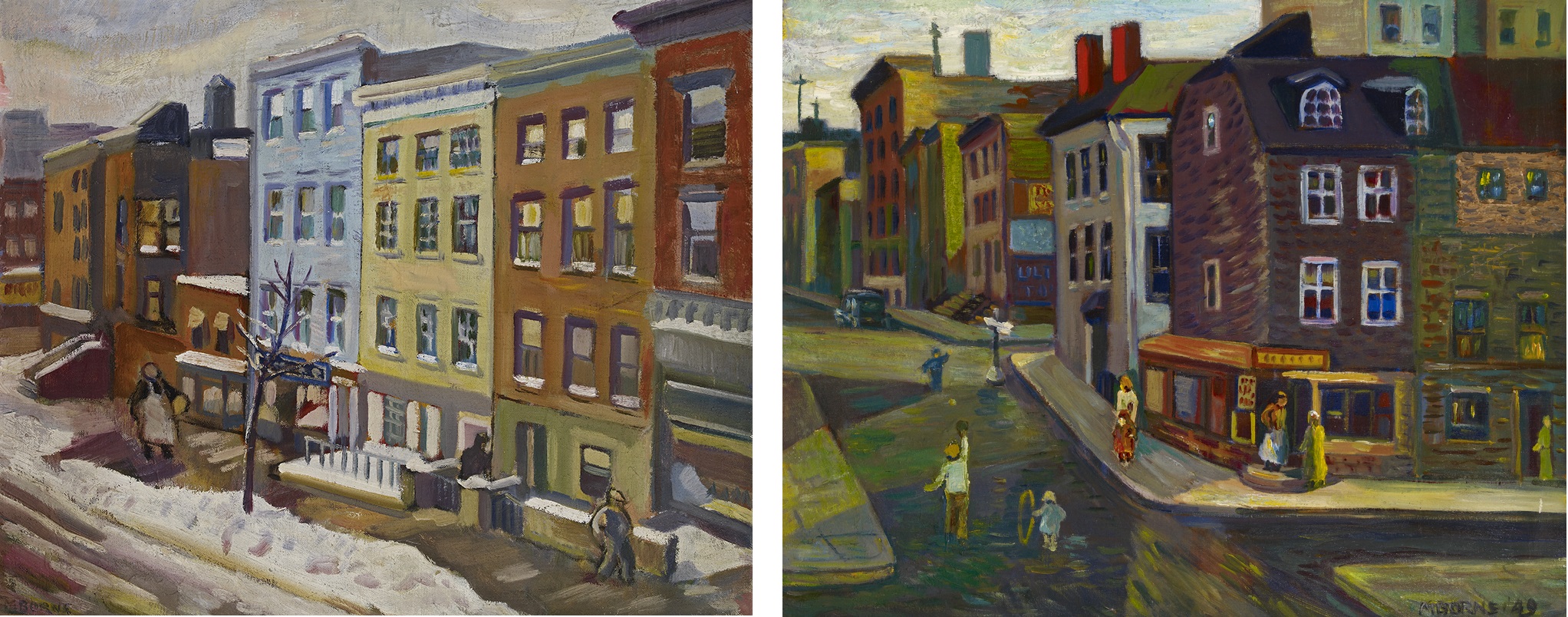 Two oil paintings of city streets with the one on the left showing a snowy street with a row of 6 townhouses and the right showing a street corner with children playing