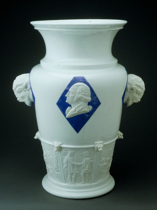 White vase with blue diamond around bust of George Washington