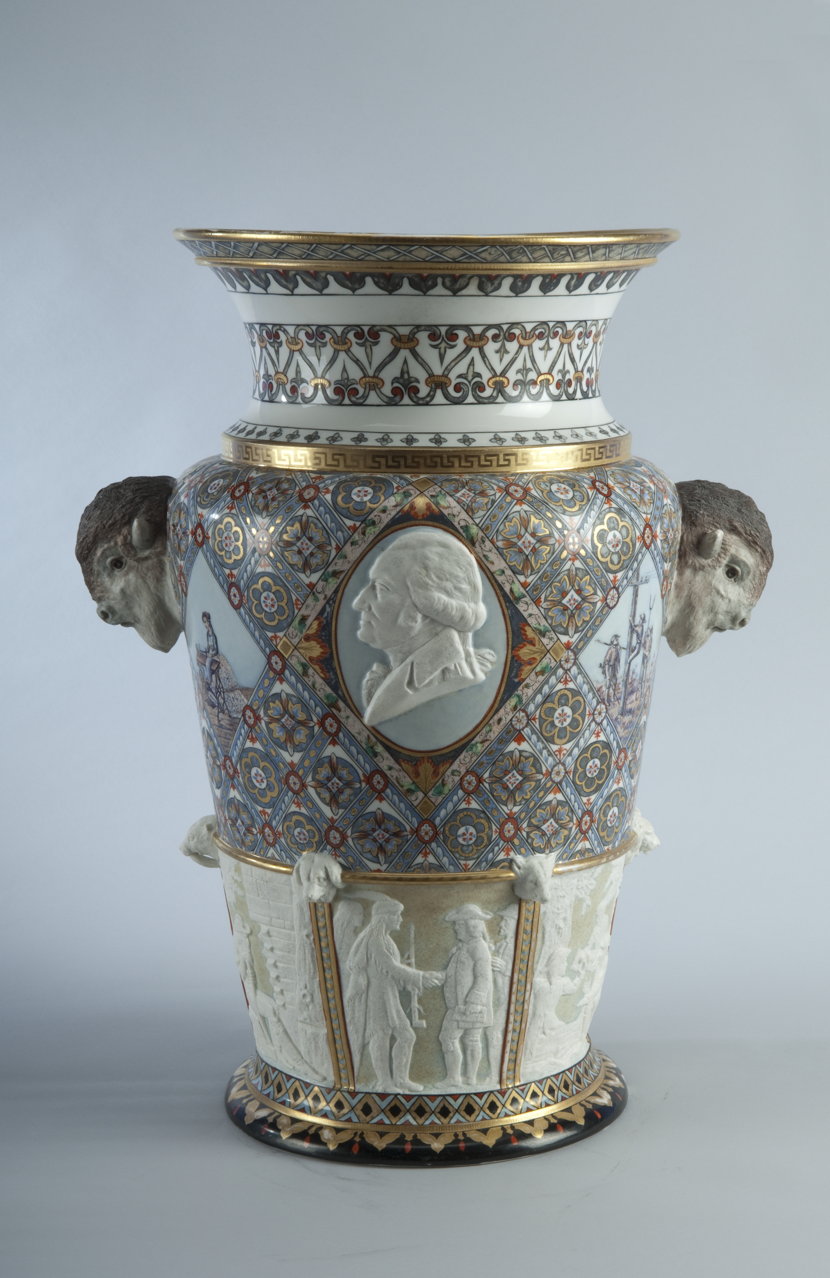 Large vase with bas relief of George Washington and scenes from American history and industry