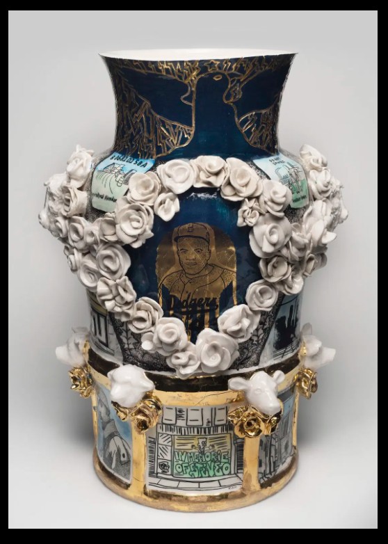 Large porcelain vase covered with flowers, gold leaf and scenes of Brooklyn