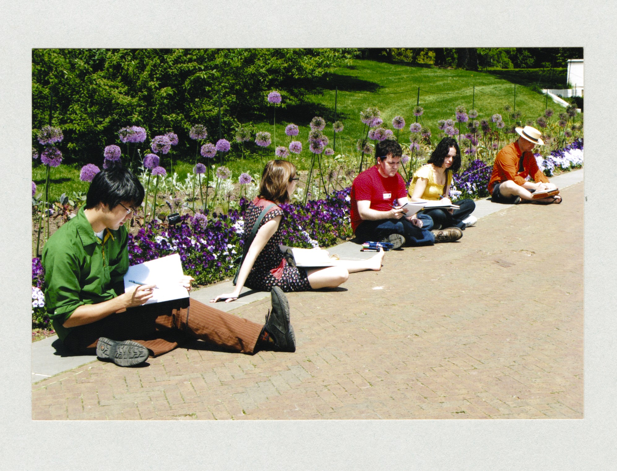 five young people sitting on ground in garden sketching
