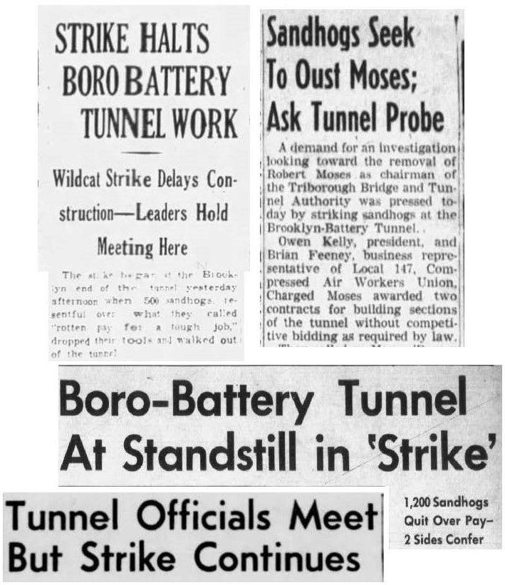 Several 1947 newsclippings about strikes during the construction of the Battery Tunnel