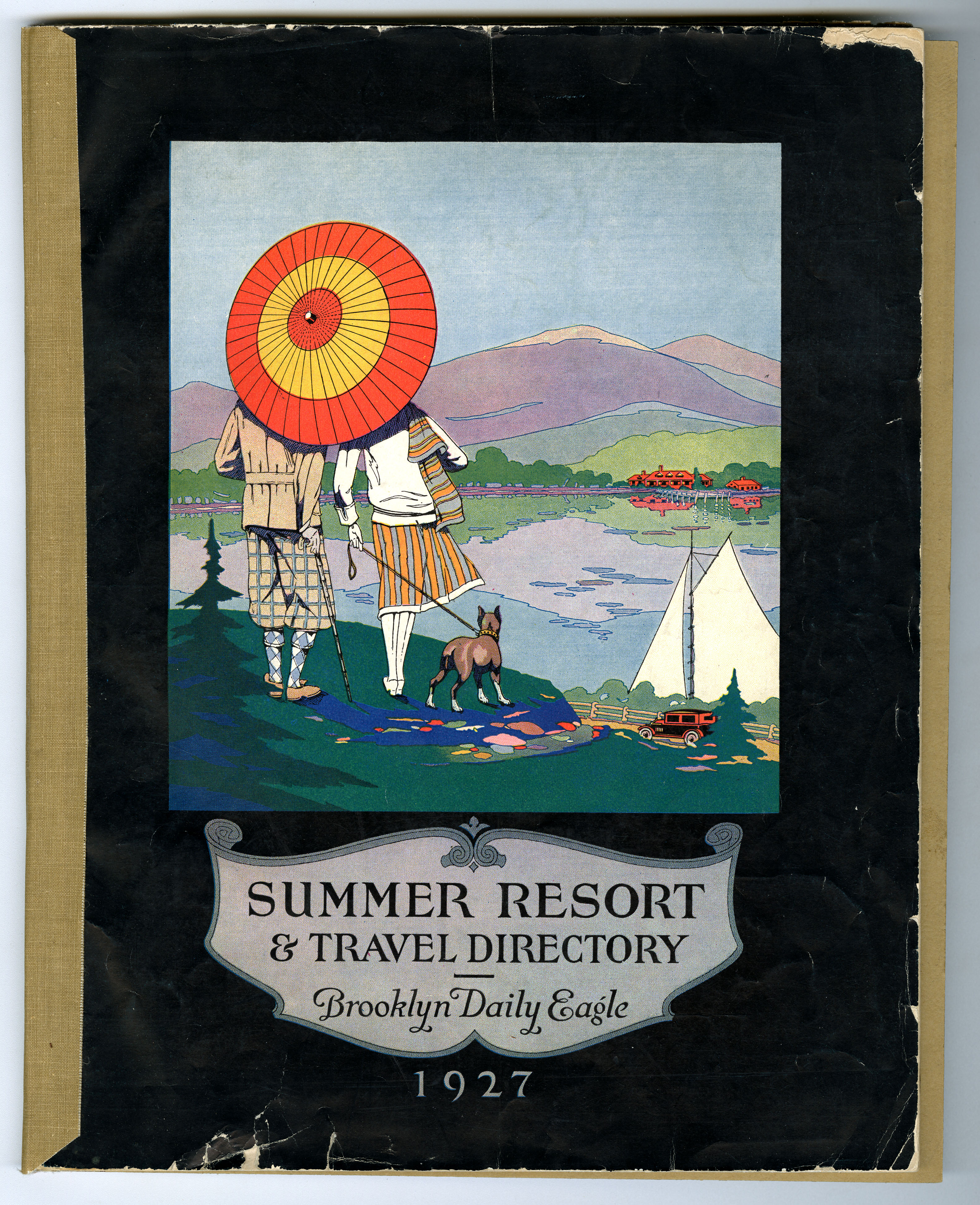 Front cover of the Brooklyn Daily Eagle's Summer Resort & Travel Directory from 1927. The cover shows two people from behind in 1920s summer fashion, their faces hidden by a brightly colored parasol. They're walking a dog along hills above a lake with mountains in the background.