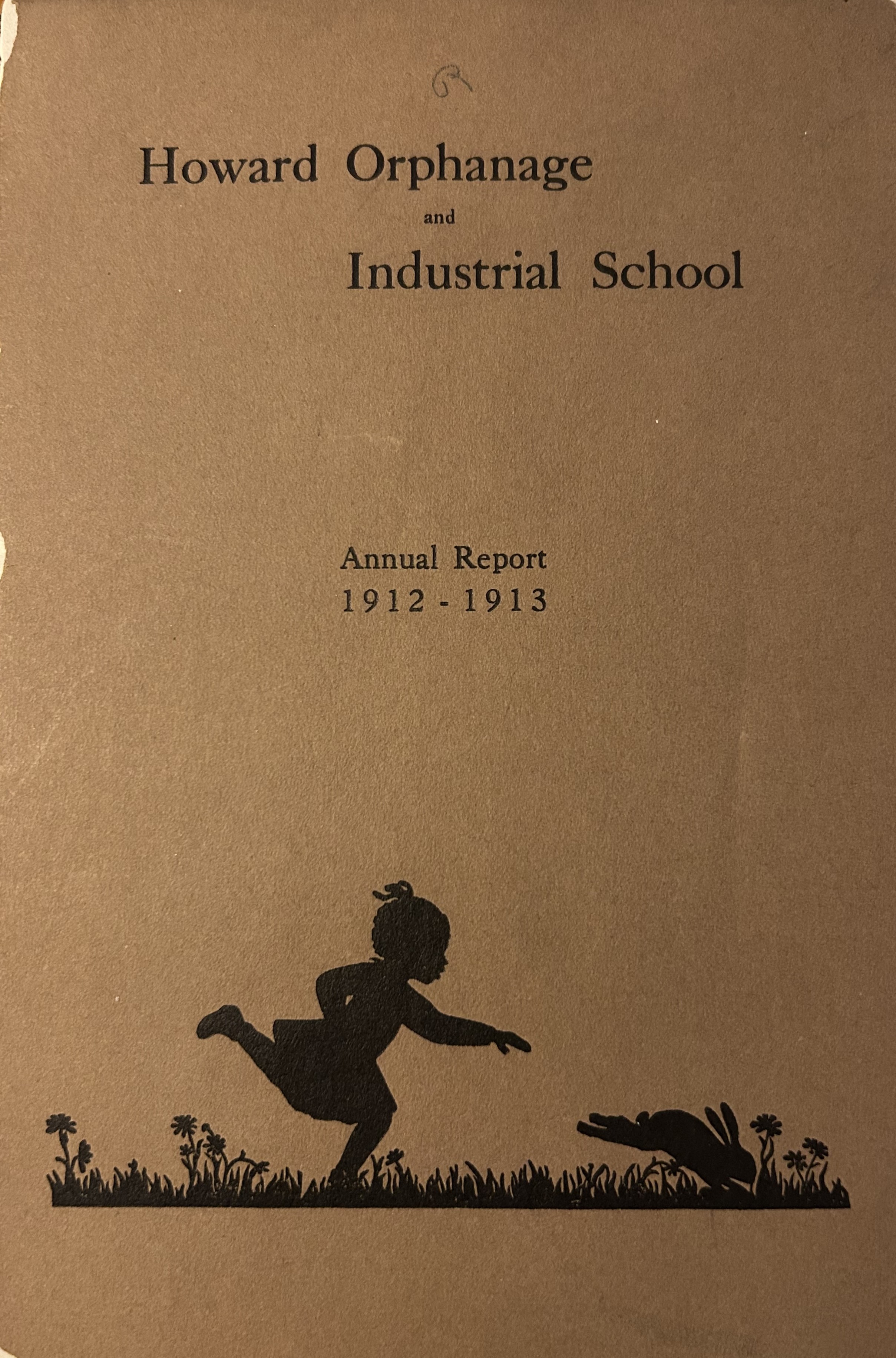 Cover of 1912-1913 annual report for the Howard Orphanage and Industrial School, brown paper with black silhouette image of child running after rabbit on grass