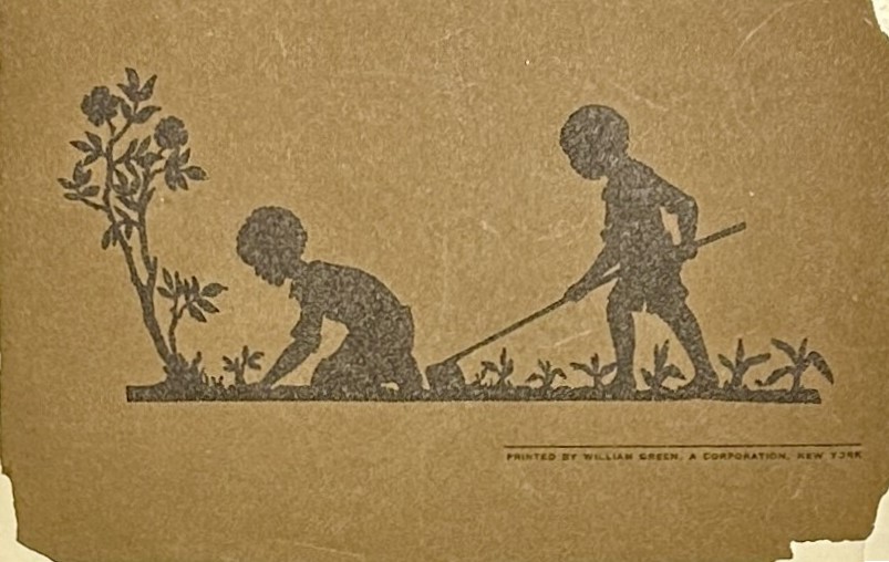 Detail of back cover of 1912-1913 annual report for the Howard Orphanage and Industrial School, brown paper with black silhouette image of two children gardening among plants.