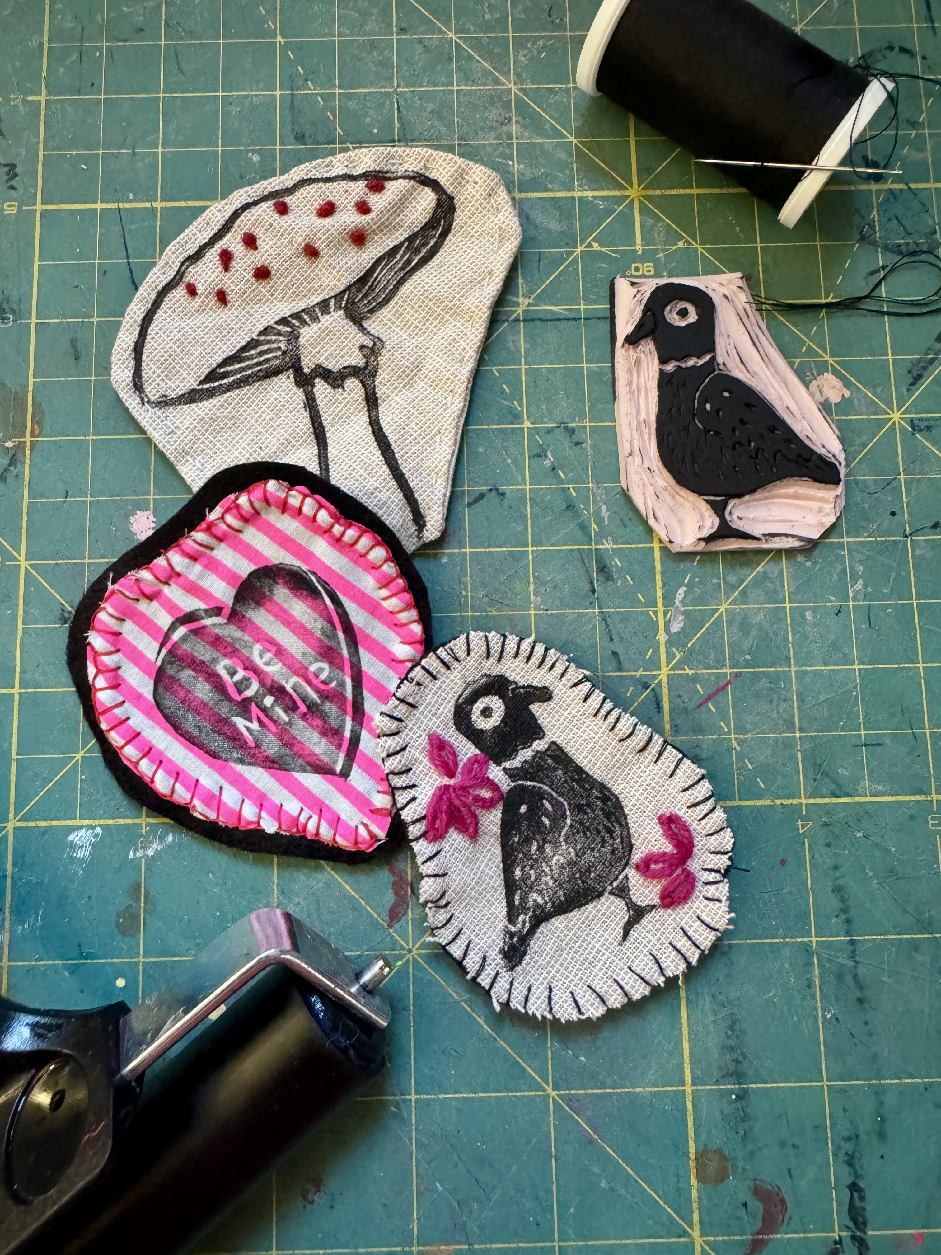 Supplies laid out to make hand-stamped fabric patches