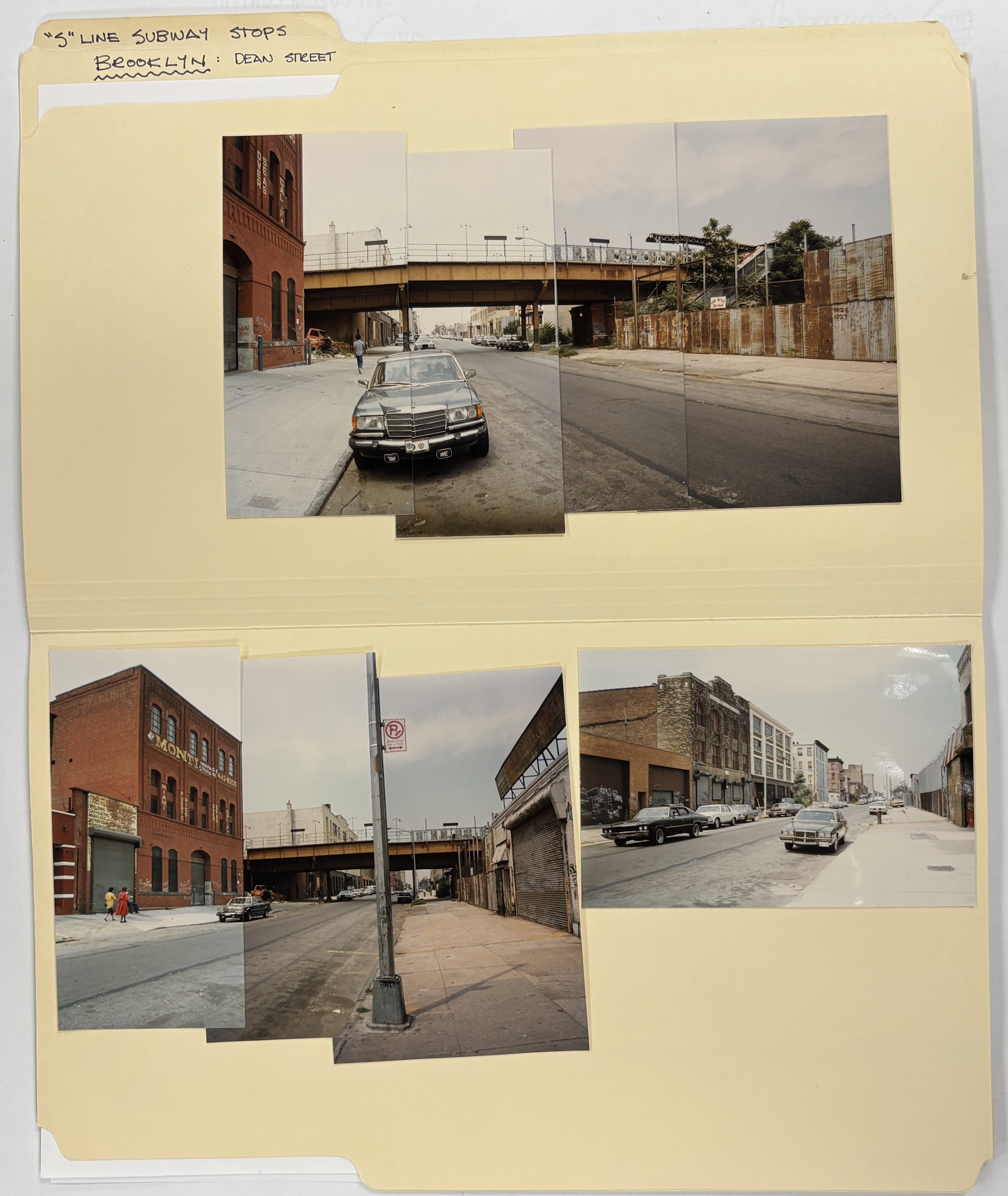 manila folder with photographs of street scene pasted in creating panorama