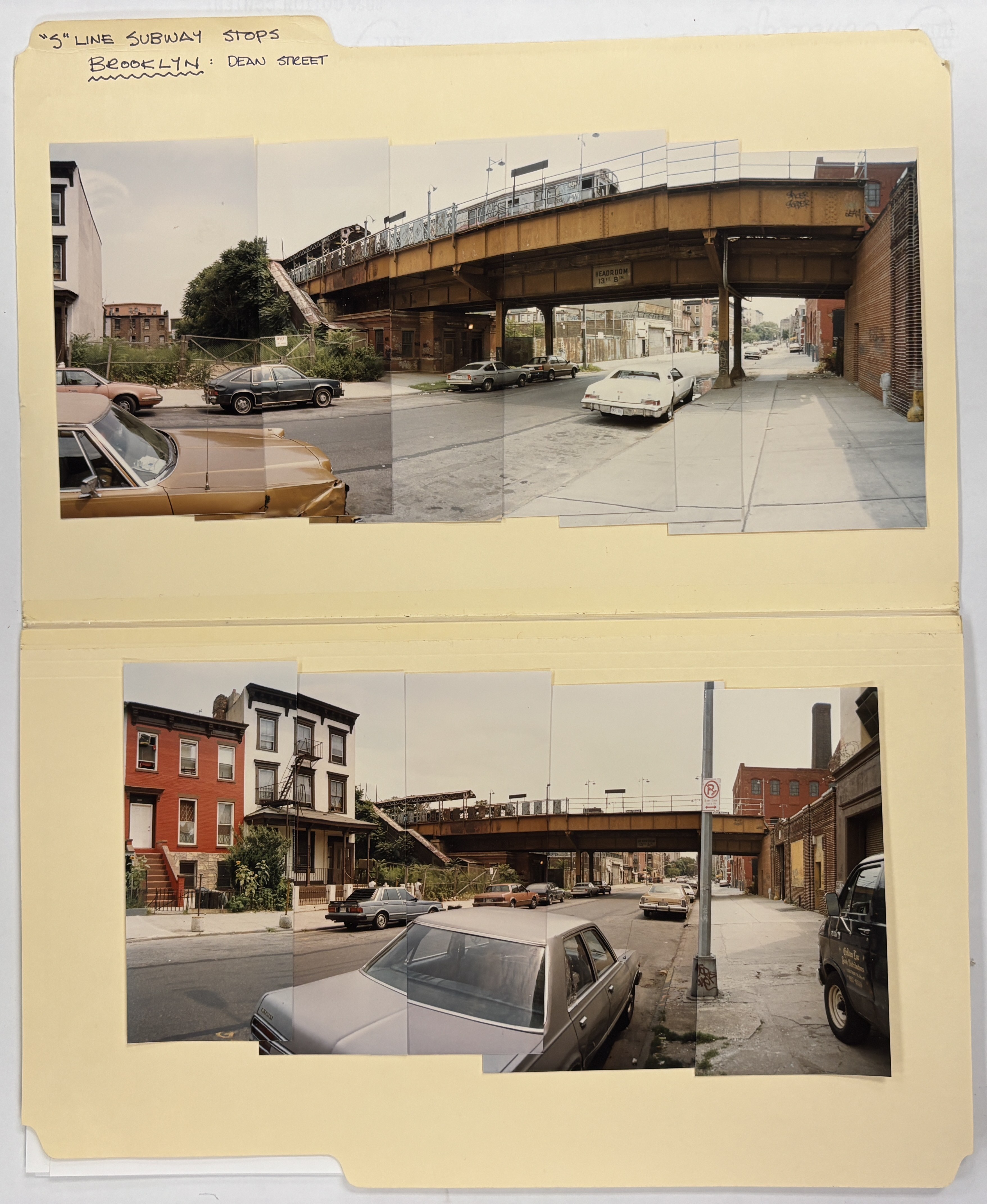 manila folder with photographs of street scene pasted in creating panorama