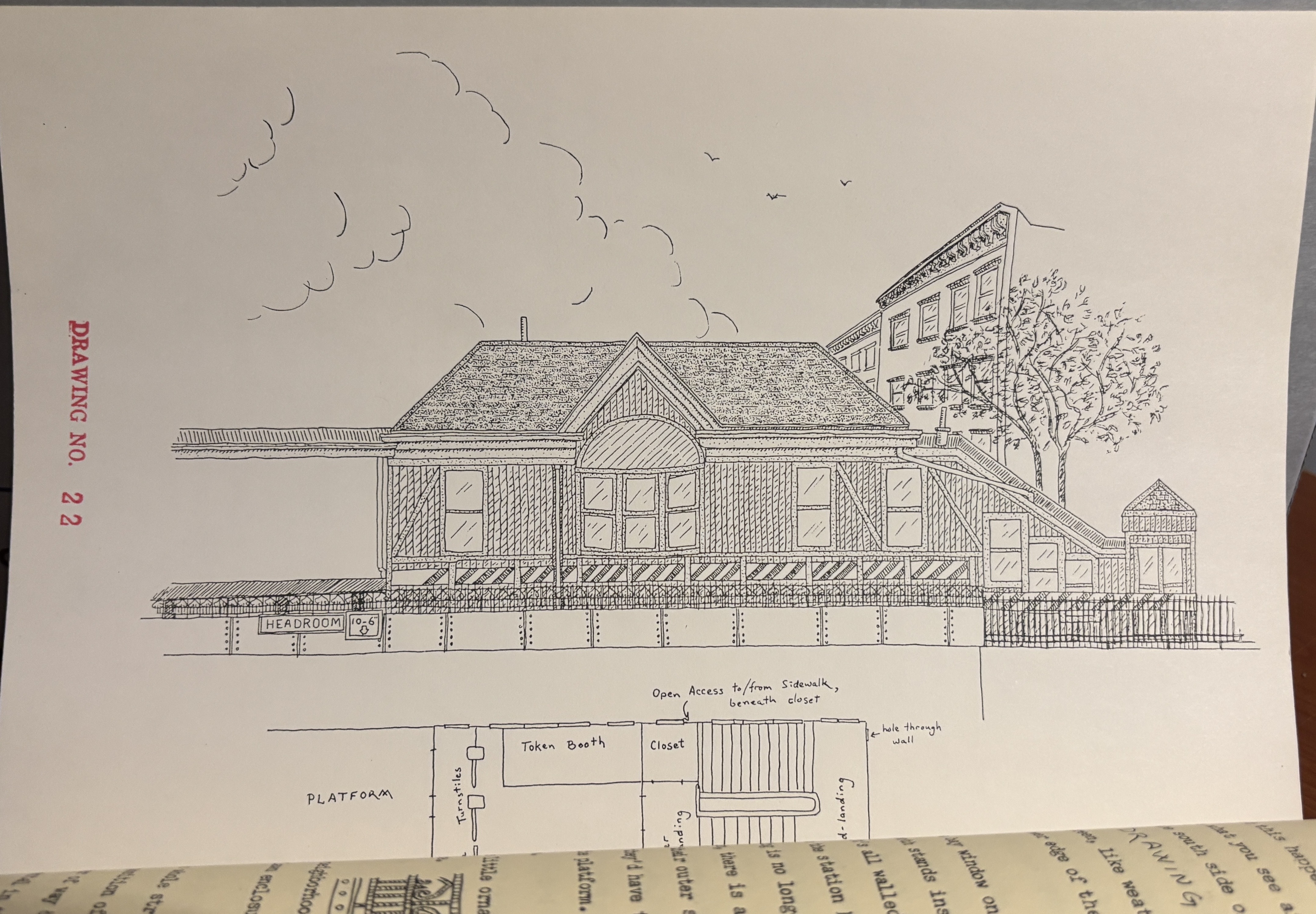 black and white sketch of Franklin Avenue Shuttle station