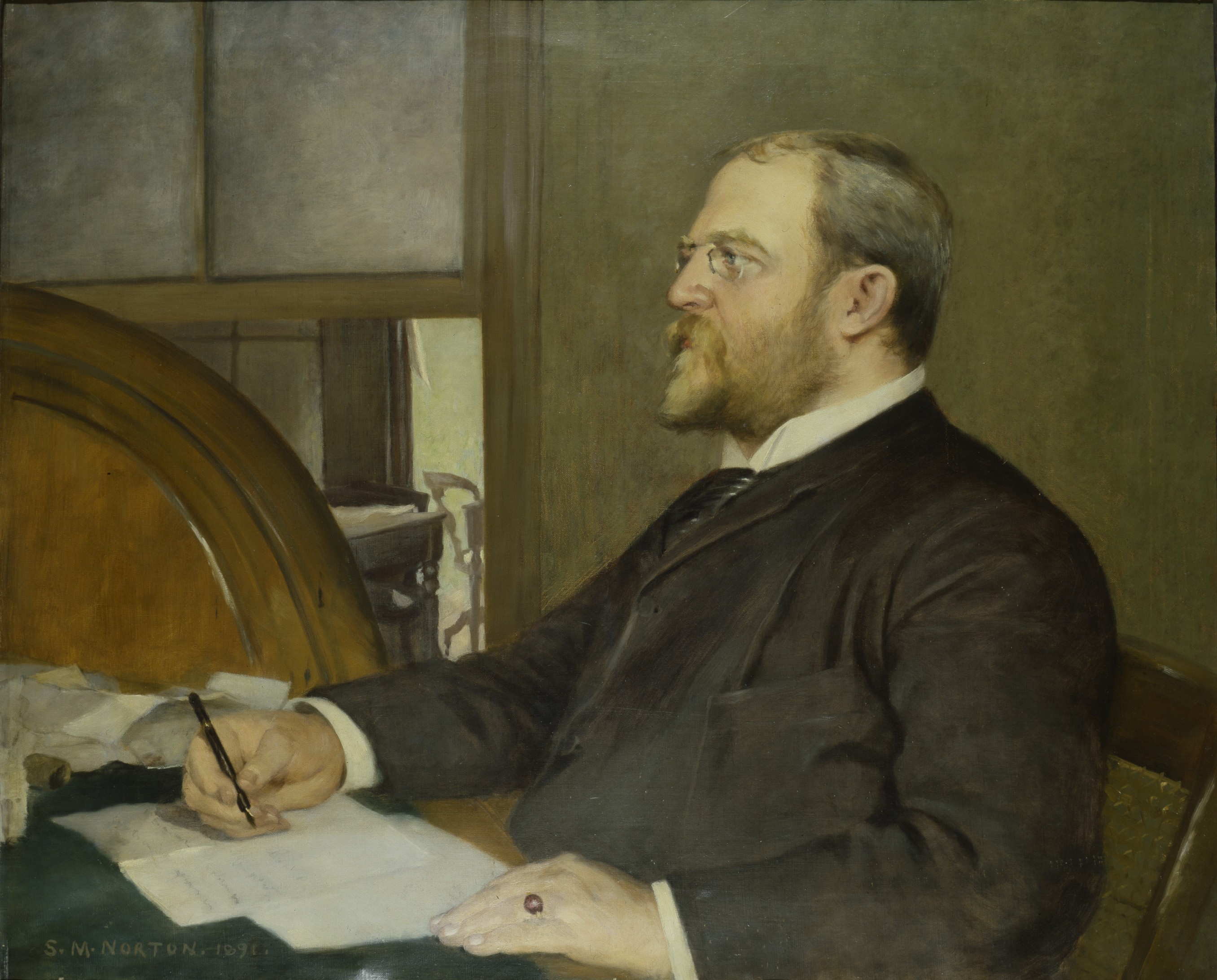 Oil painting of a man sitting and writing at a desk, in profile and looking to the right.