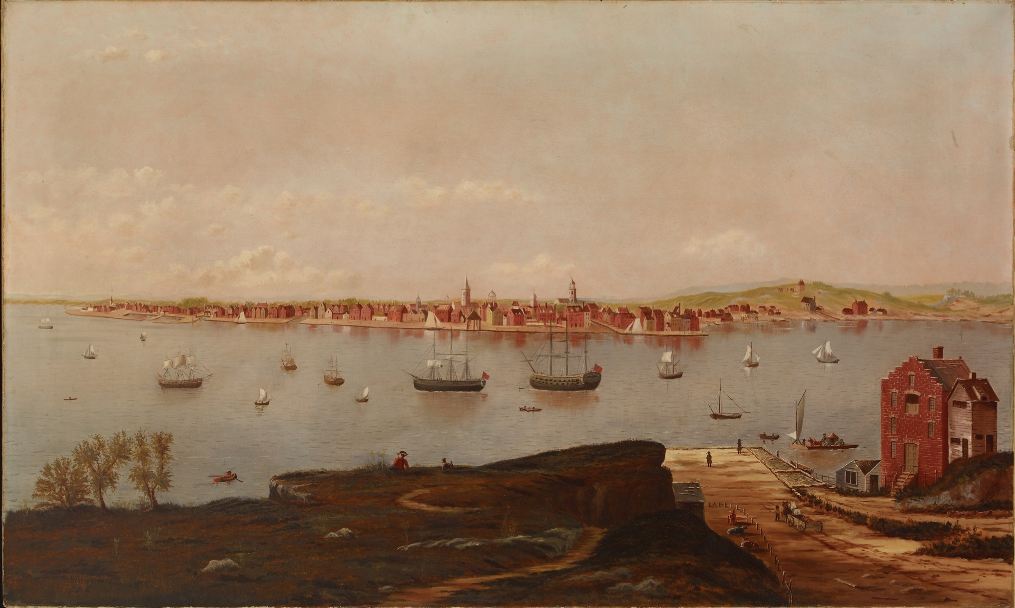Painting of the colonial city of New York from Brooklyn with large and small sailing ships in the water between.