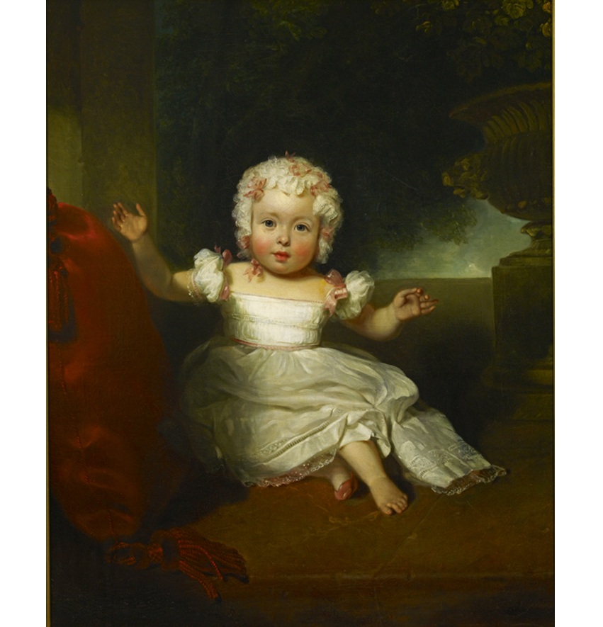 Oil portrait of an infant sitting on the floor with arms outstretched wearing a white gown and bonnet embellished with pin bows.