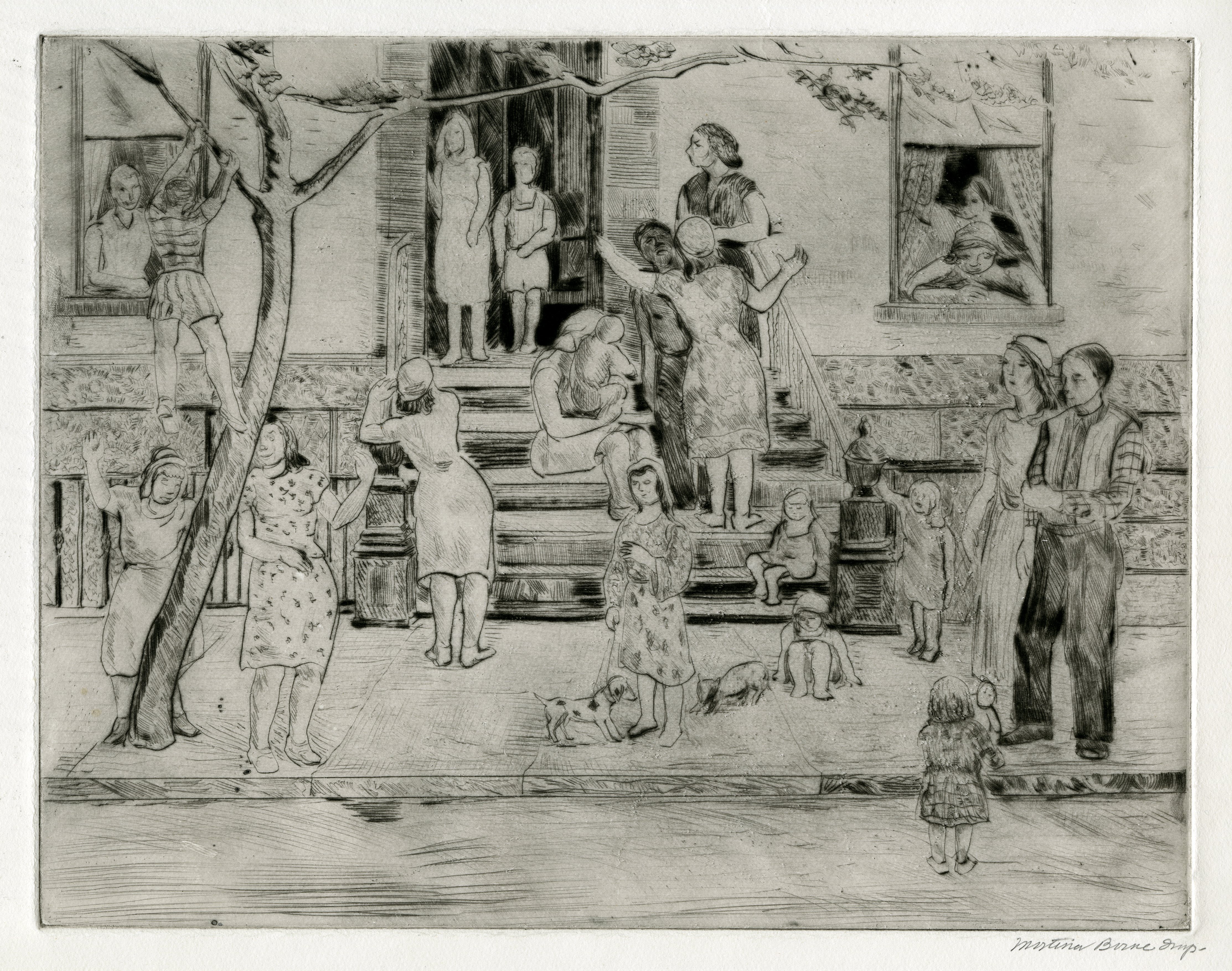 Etching of 21 people, mostly women and children, gathered and socializing around a stoop
