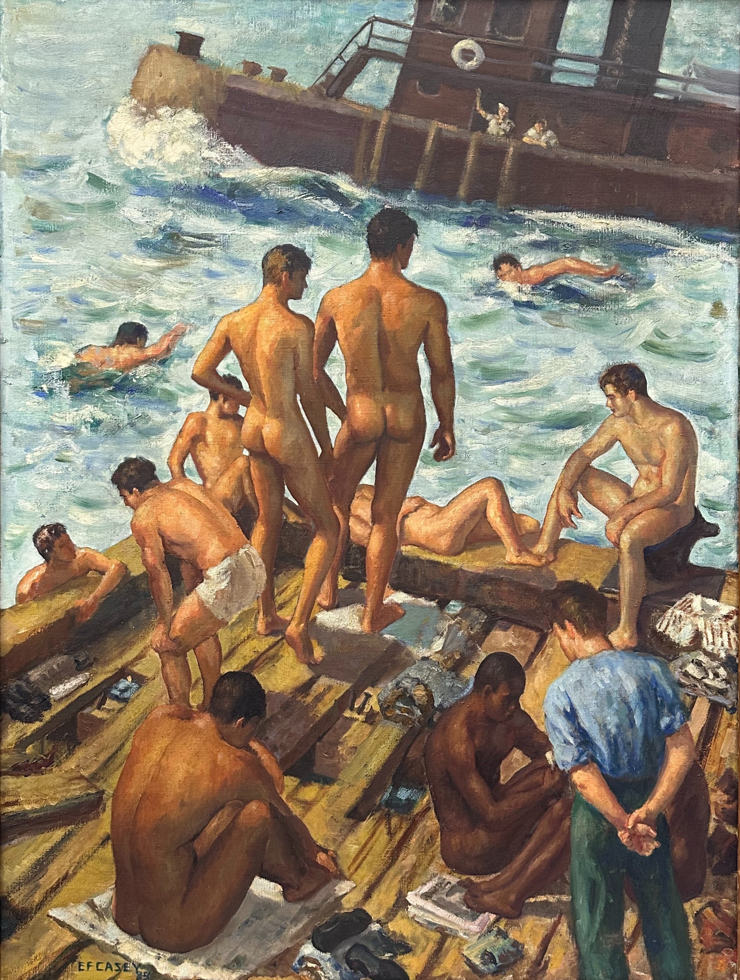 Oil painting of nude and undressing men on an East River dock and swimming in the river with a tugboat in the background.