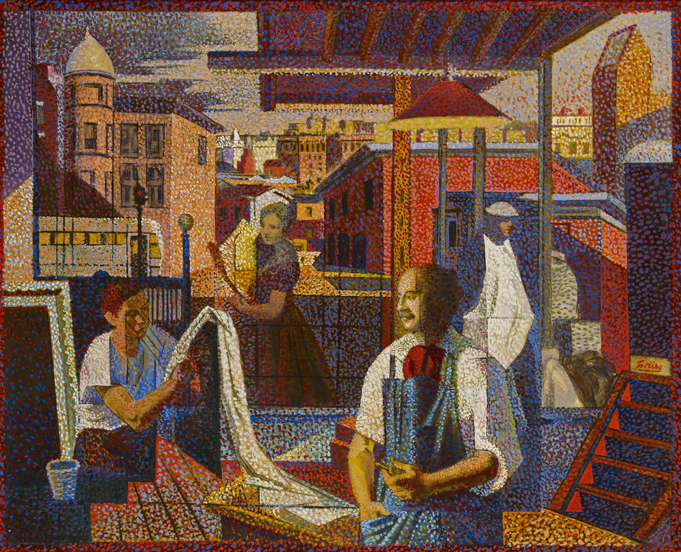 Pointillist oil painting of four people set into planes of Brooklyn interiors and exteriors.