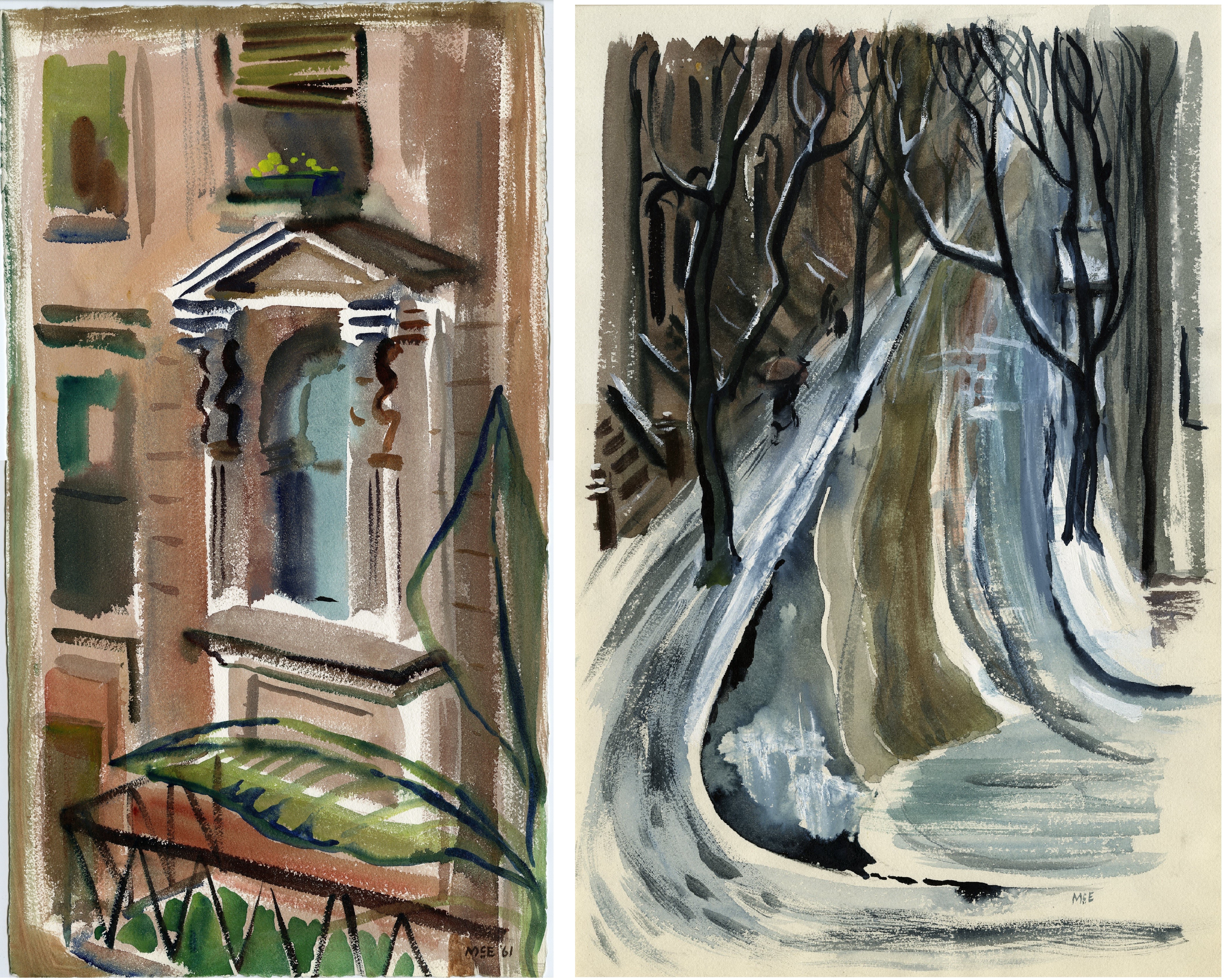 Two watercolors the one on the left of a sunny brownstone facade flanked by palm fronds and the one on the right of a snowy street lined by leaf-less trees and dark brownstone buildings