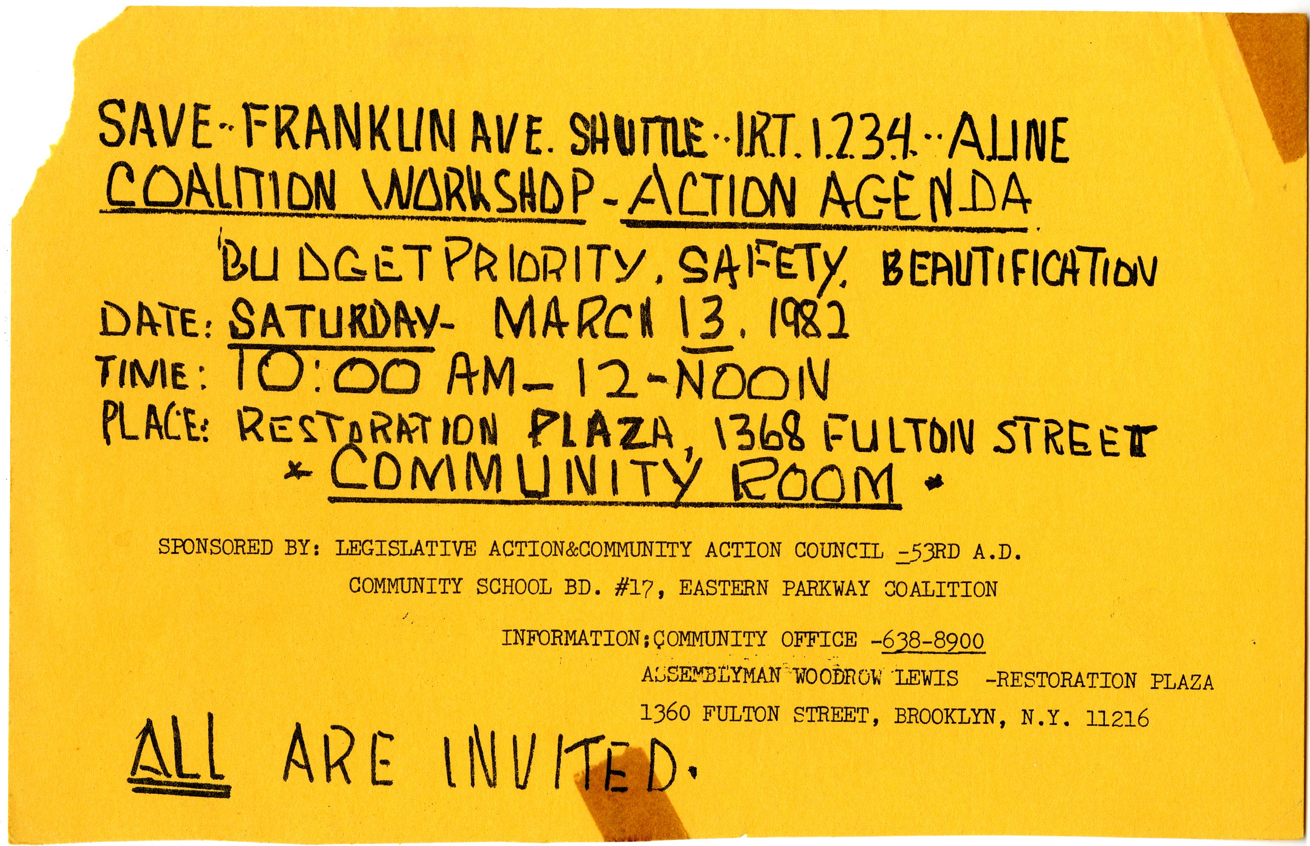 Yellow flyer with handwritten lettering inviting people to a Save Franklin Avenue Shuttle meeting