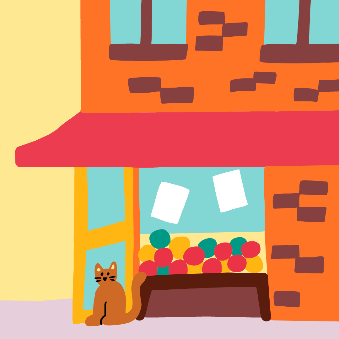 a illustration of a cat sitting outside a bodega