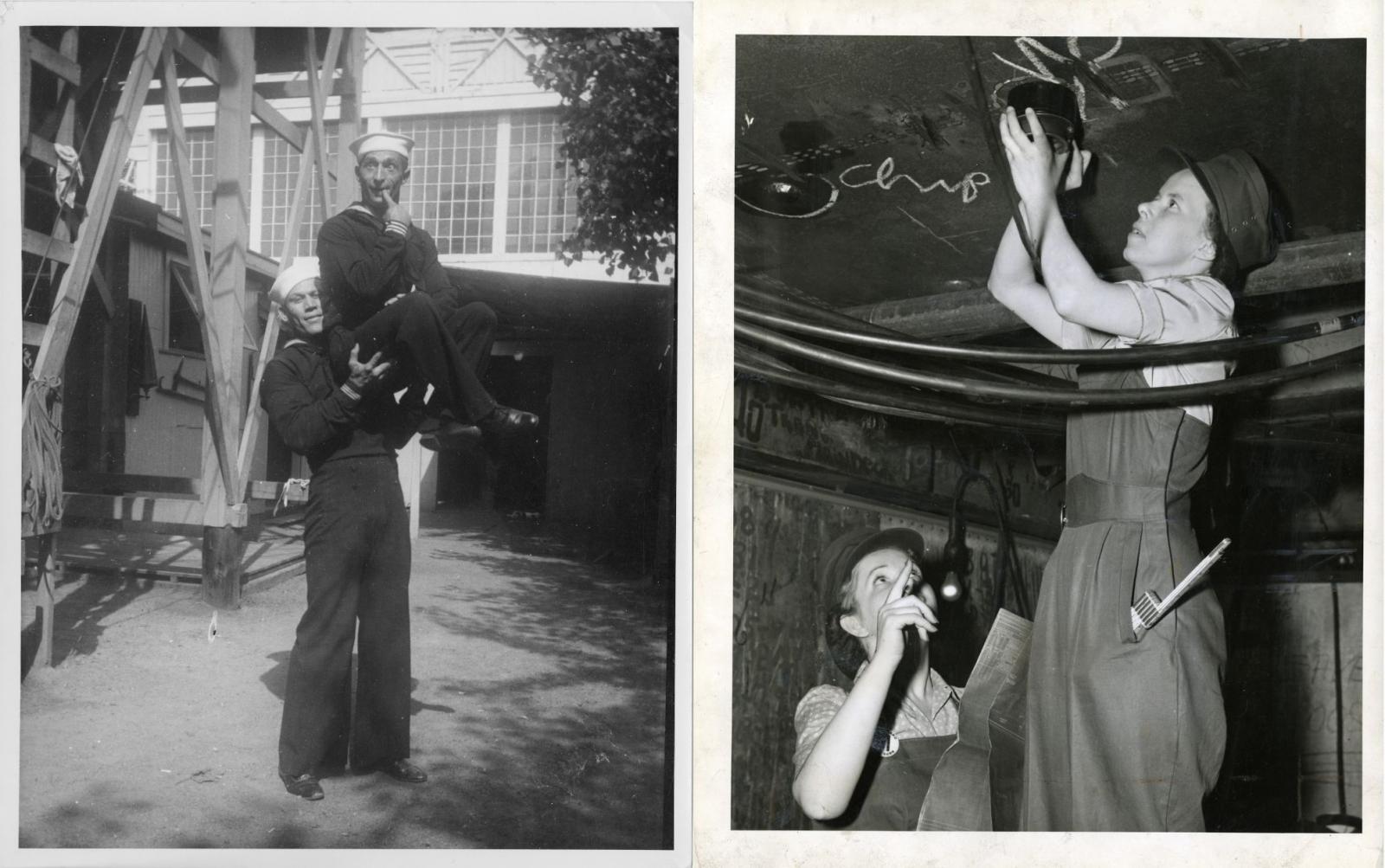 Two black and white photographs. One of two male sailors, one carrying the other while making a comical face. The other photo of two women in work clothes working in the Brooklyn Navy Yard.