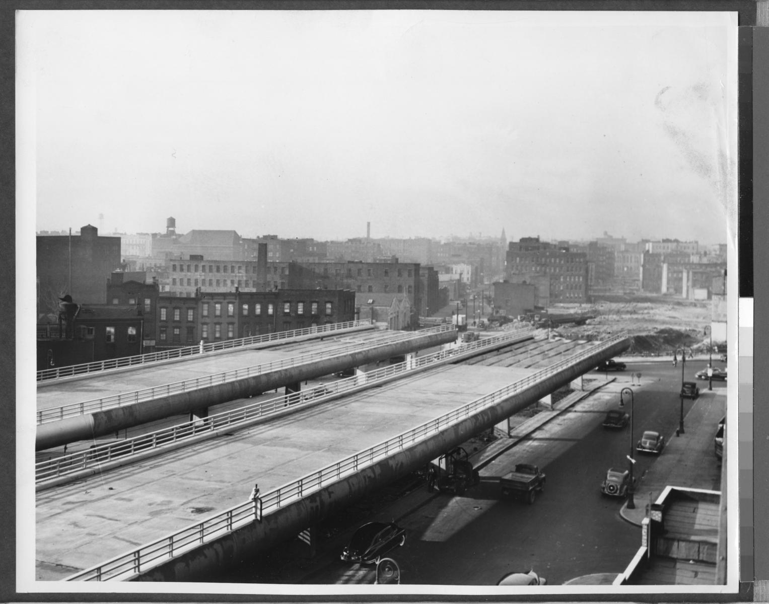 Black and white photograph of Brooklyn Queens Expressway under construction.
