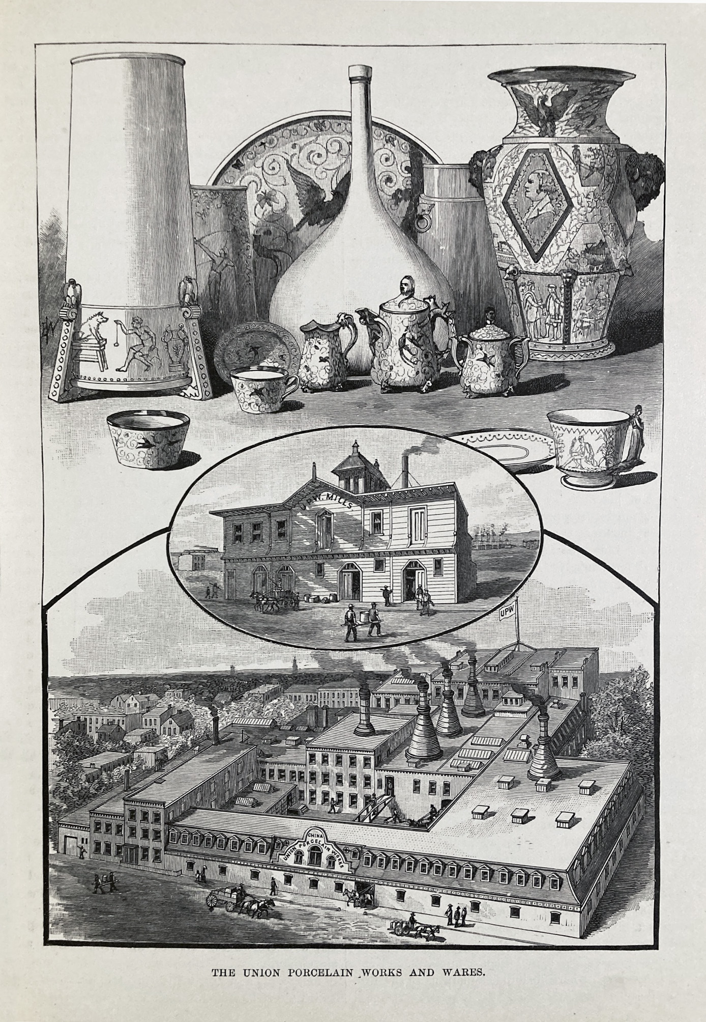 illustration of decorative ceramics with cameo of old frame building and below an aerial view of large ceramics factory.