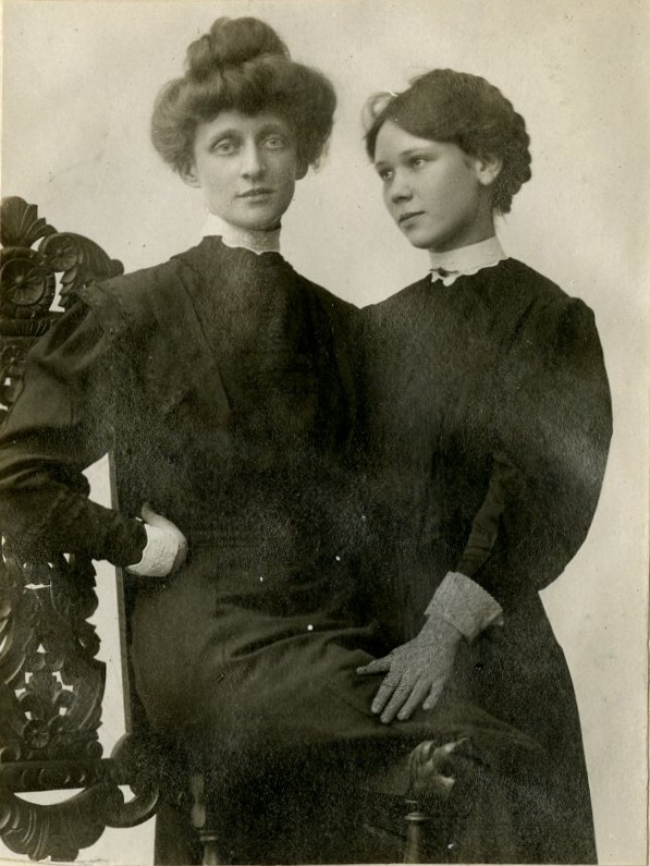 Black and white photographic portrait of two young women