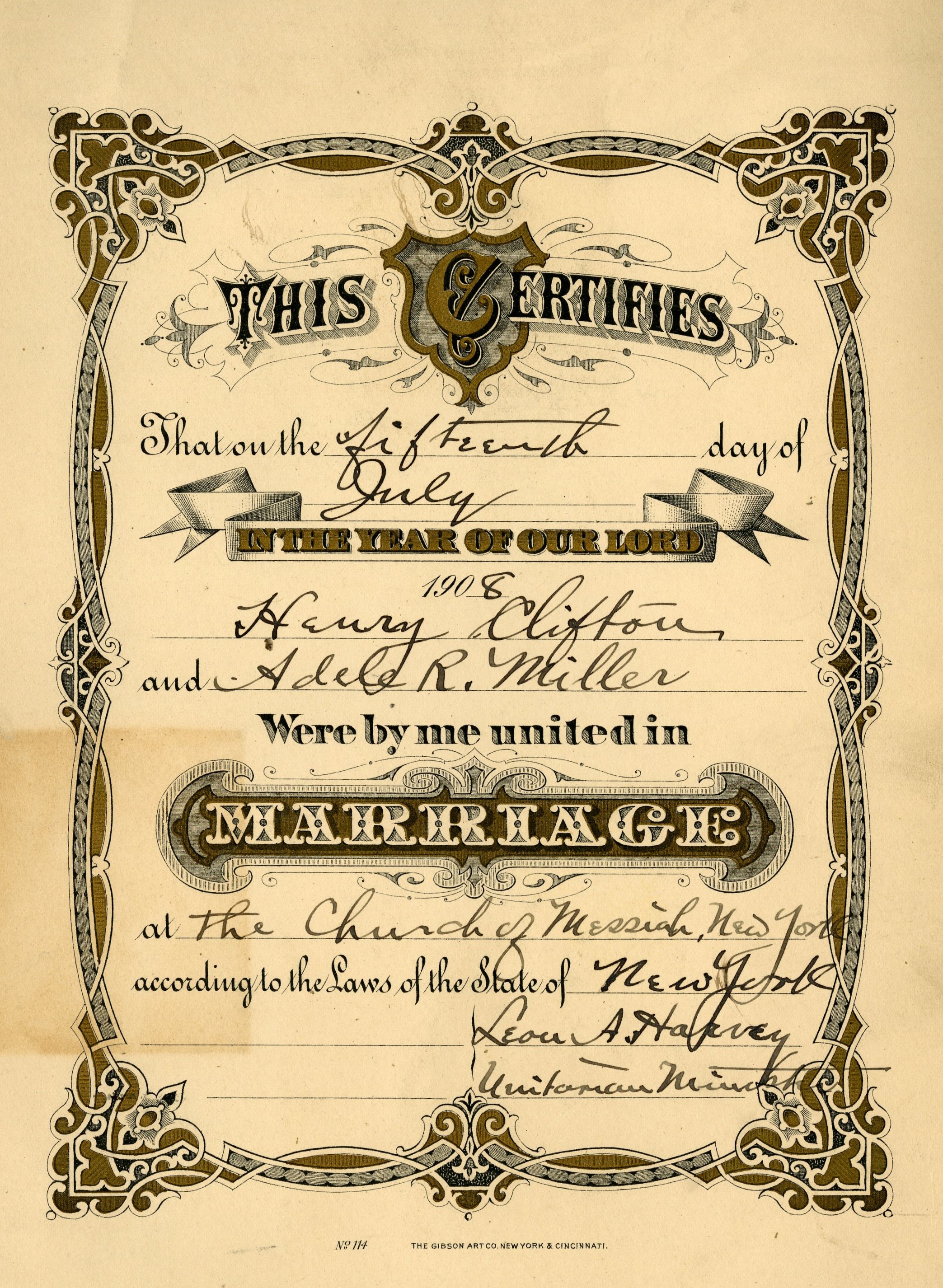 Marriage certificate with elaborate gilded decorative border