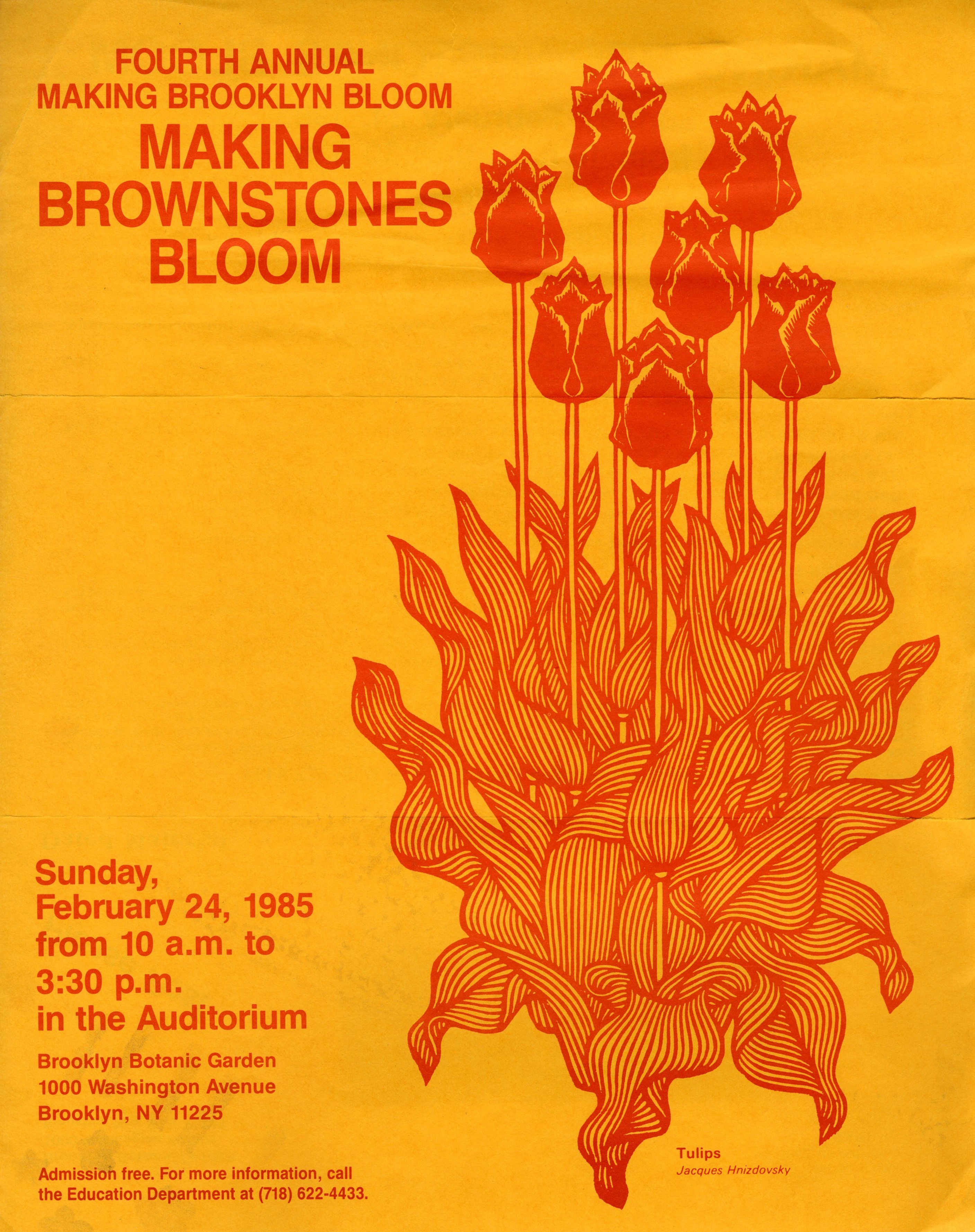Red printing on yellow background, flyer for Making Brownstones Bloom with red image of tulips