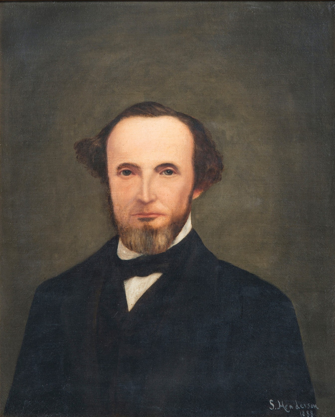 Oil portrait of a man looking directly at the viewer, wearing a black 19th century suit and white shirt, depicted from the chest up.